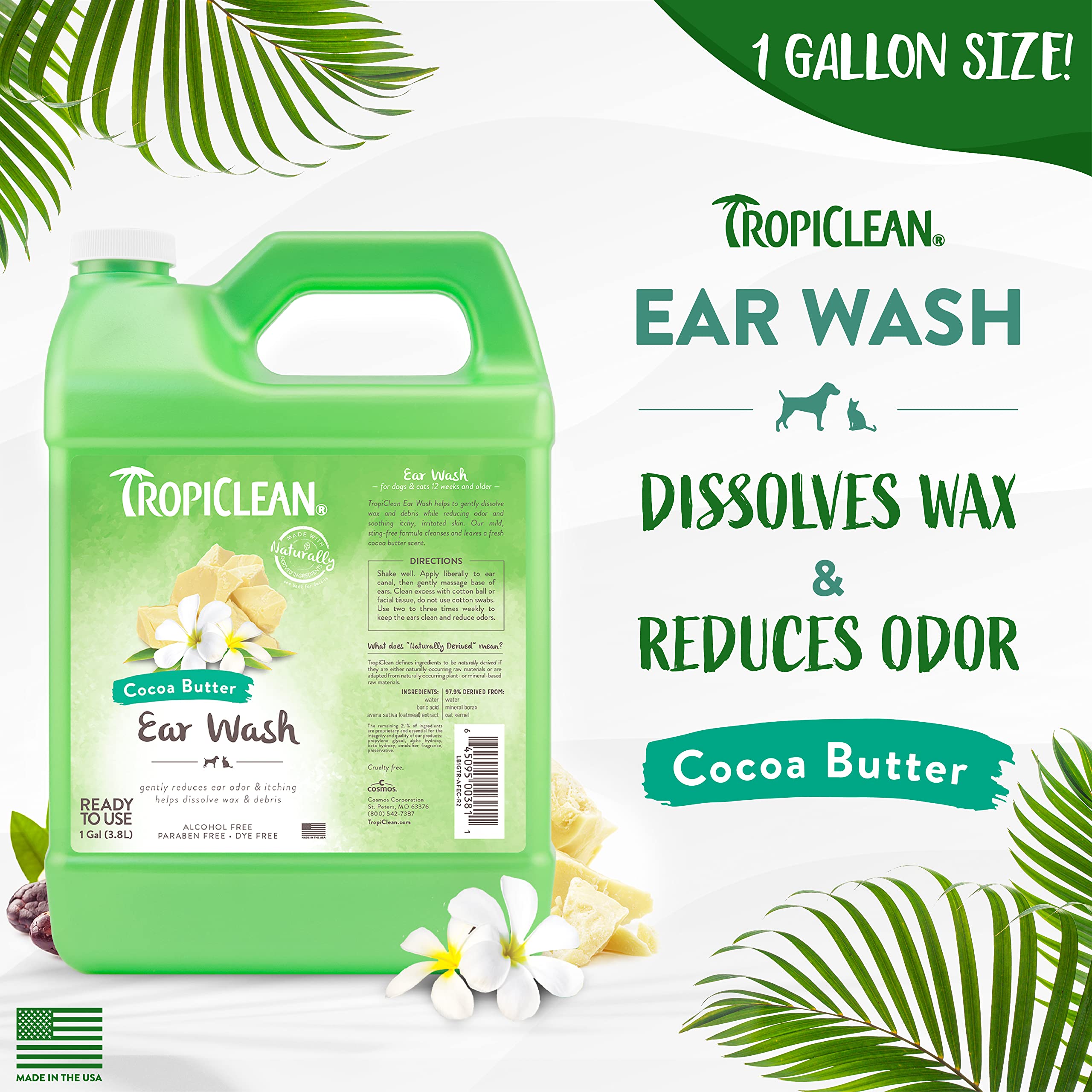 TropiClean Cocoa Butter Ear Wash for Dogs & Cats | Alcohol Free Dog Ear Cleaner Solution | Pet Ear Wash Derived from Natural Ing