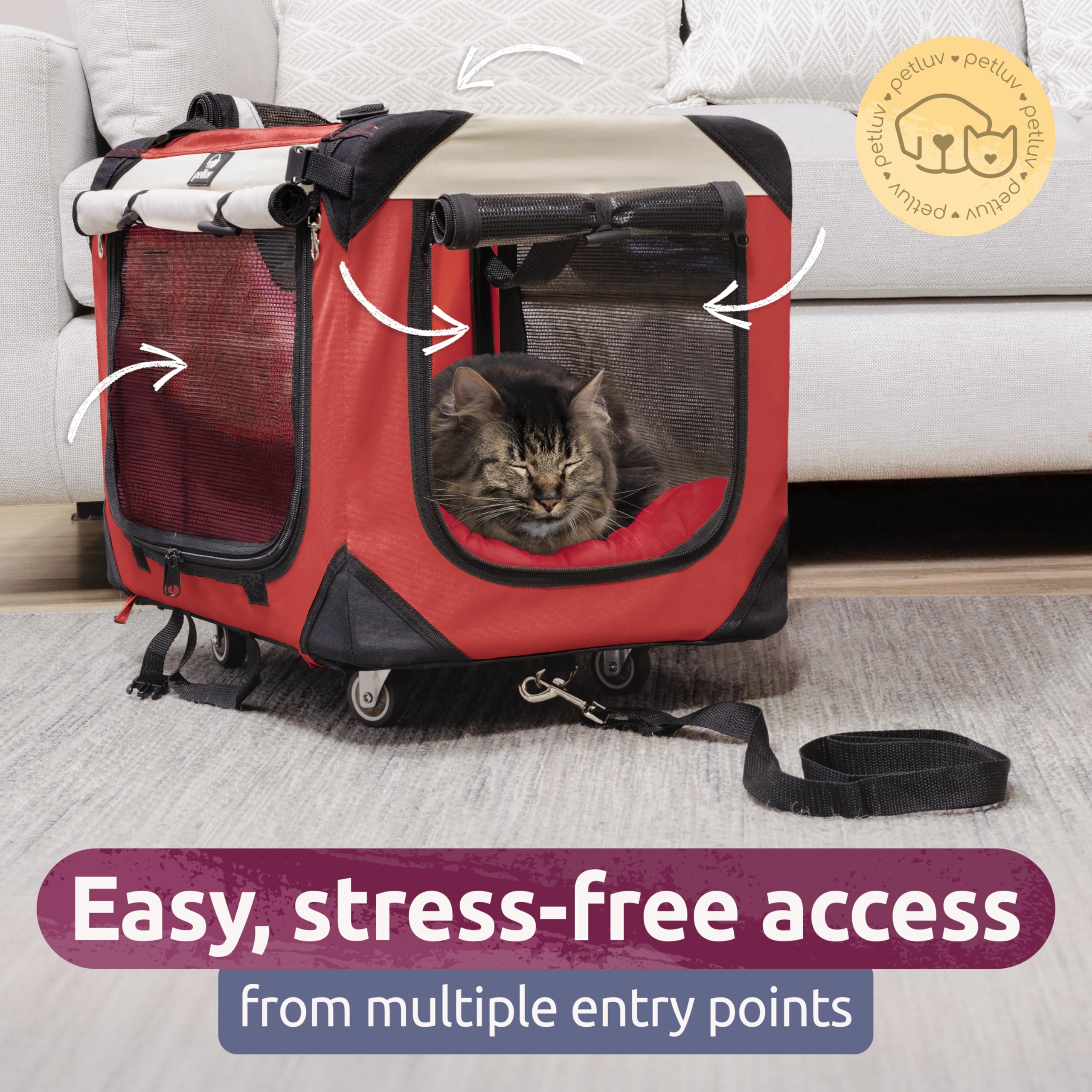 Petluv Large Cat Carrier On Wheels, Dog Carrier For 2 Cats Or Medium Dog, Soft-Sided, Collapsible With Locking Zippers, Red