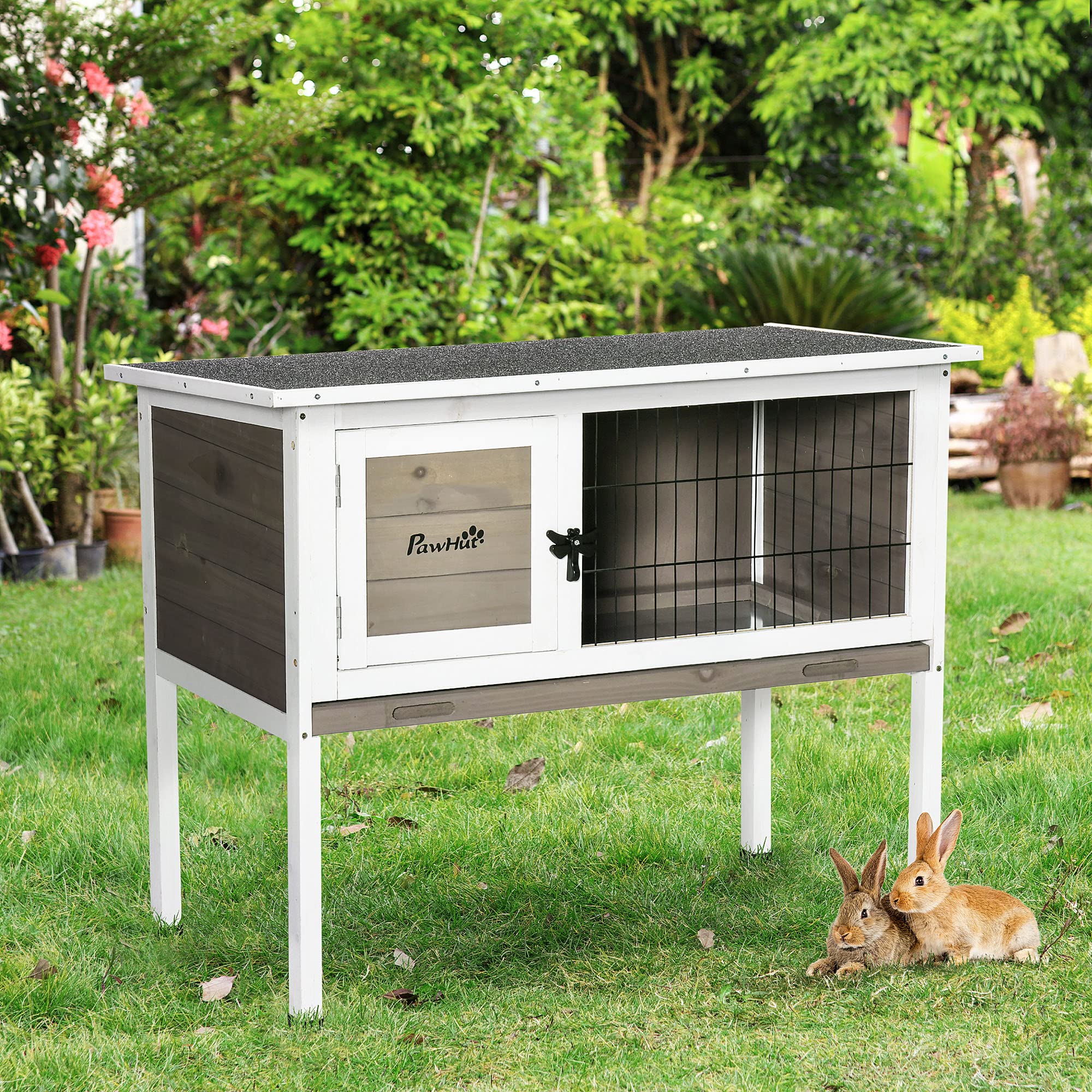 Pawhut Elevated Wooden Rabbit Hutch, Indoor/Outdoor Bunny Cage With Hinged Asphalt Roof And Removable Tray For Guinea Pig, Brown