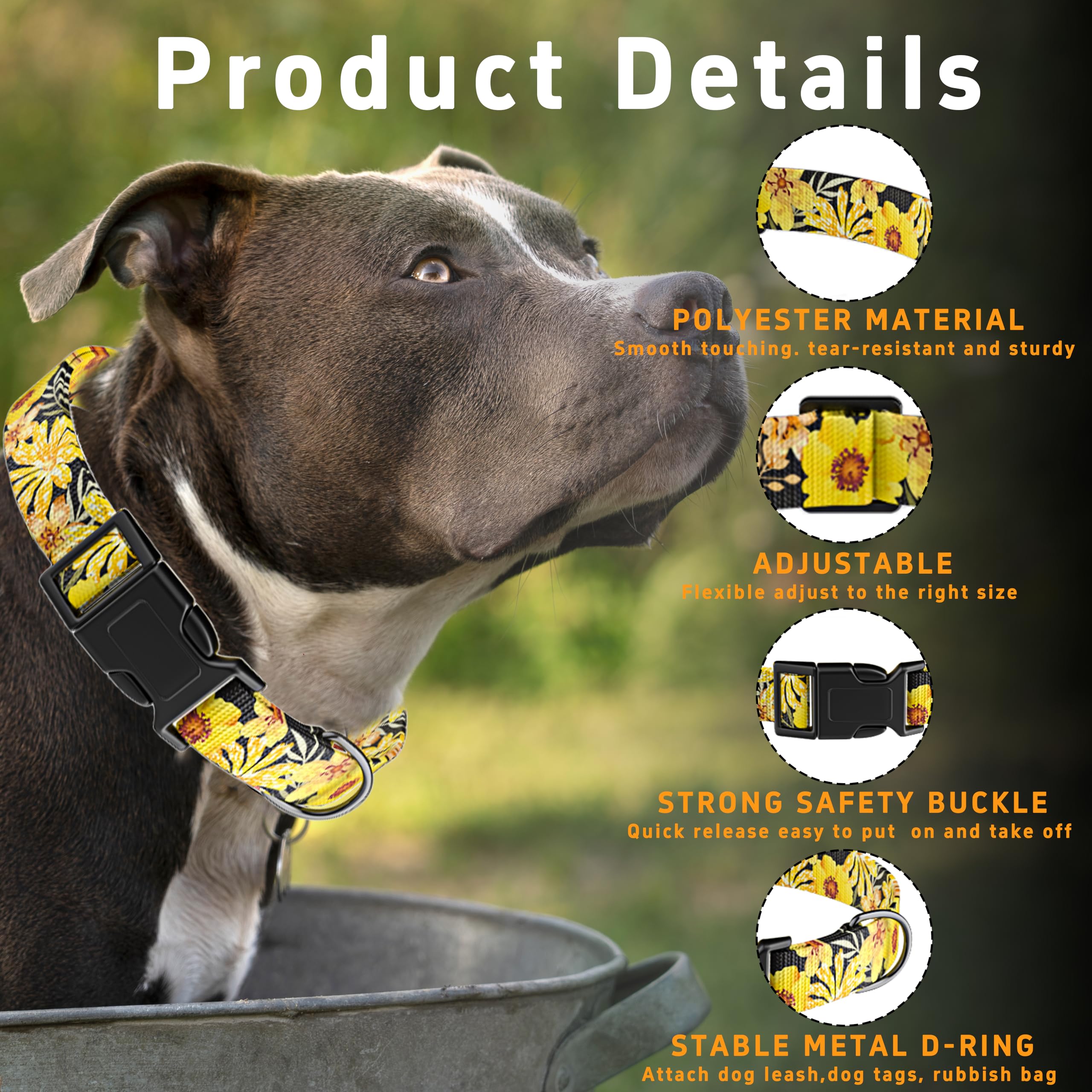 Seyezo Dog Collar For Boys & Girls, Adjustable Soft Pattern Pet Collar With Safety Buckle For Small To Large Dogs (Yellow Floral