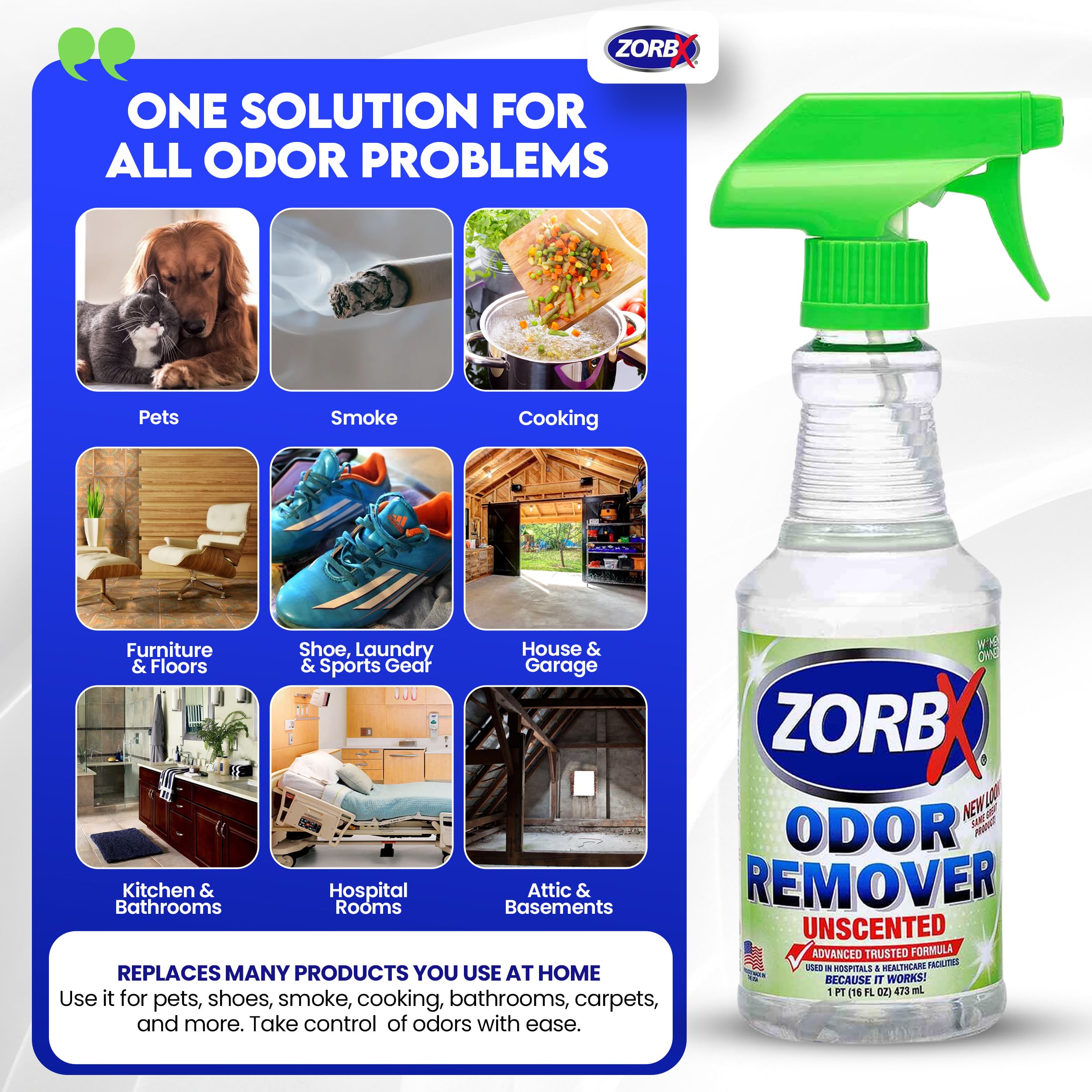 ZORBX Unscented Odor Eliminator Spray - Fast-Acting Formula for Dogs, Cats, Homes & Carpets, 16 Fl Oz - Trusted by Hospitals
