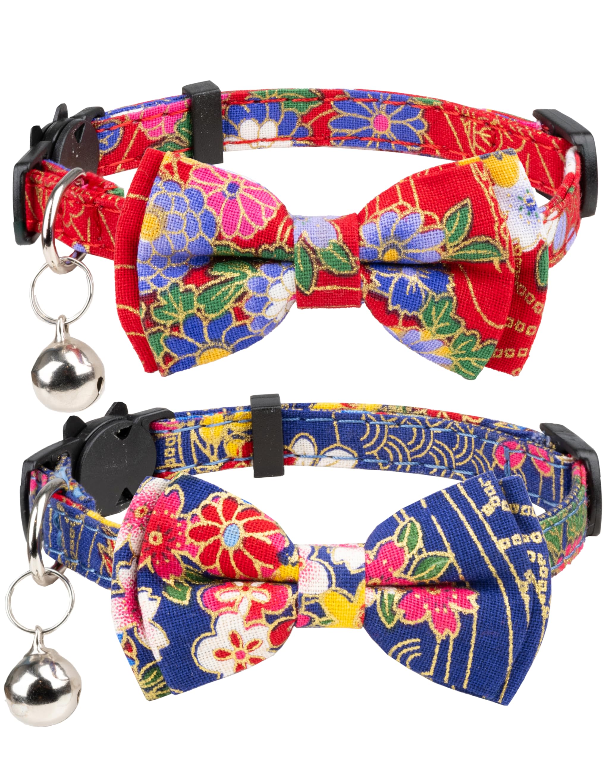 Gyapet Collar For Cat Pet Breakaway With Bell Bowtie Detachable Bow Adjustable Safety Kitten Puppy Girl Boy 2Pcs Navy Blue & Red