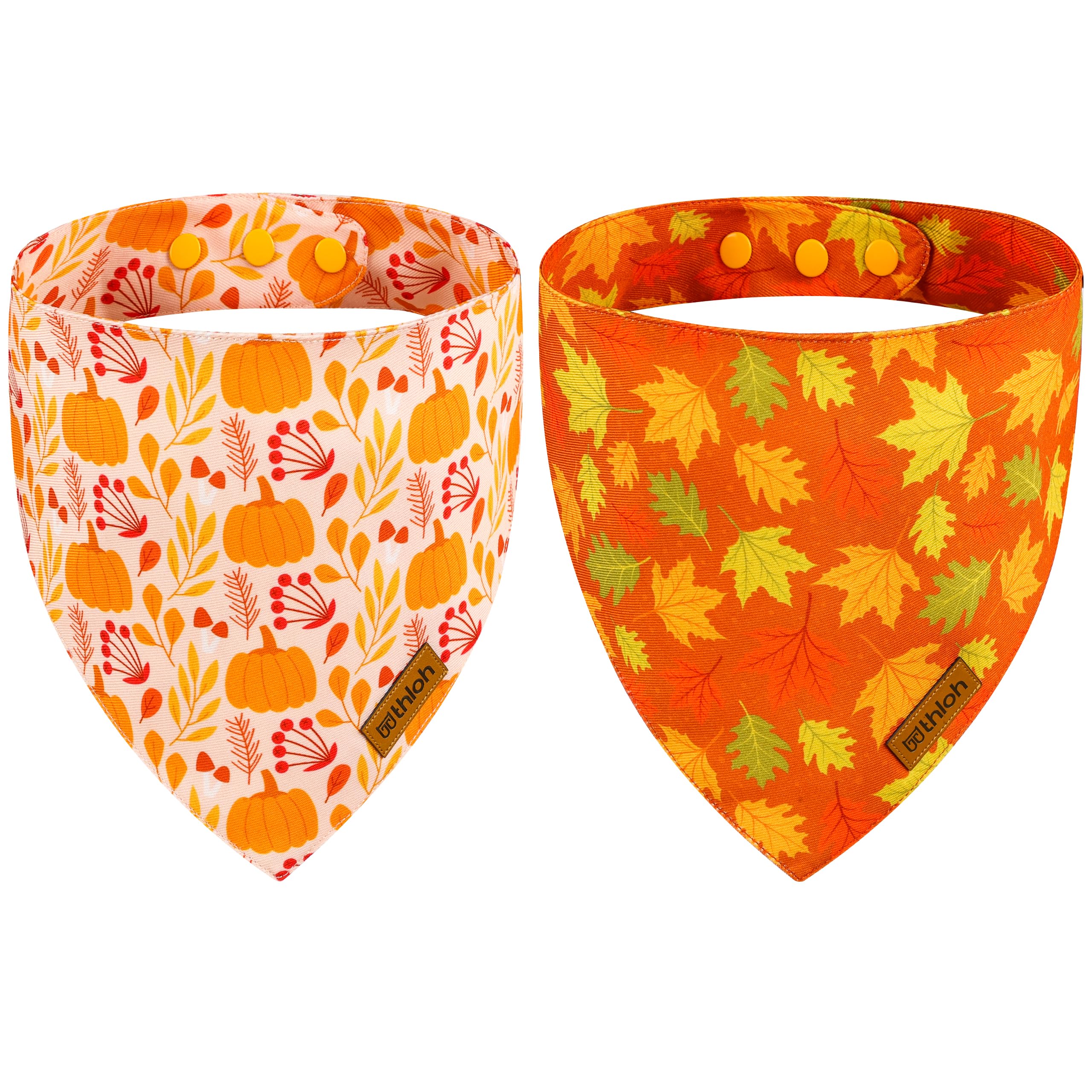 Thloh Fall Dog Bandanas - 2 Pack Thanksgiving Dog Bandana With Snap Button | Reversible Pumpkin Pet Scarf For Boy & Girl | Premi