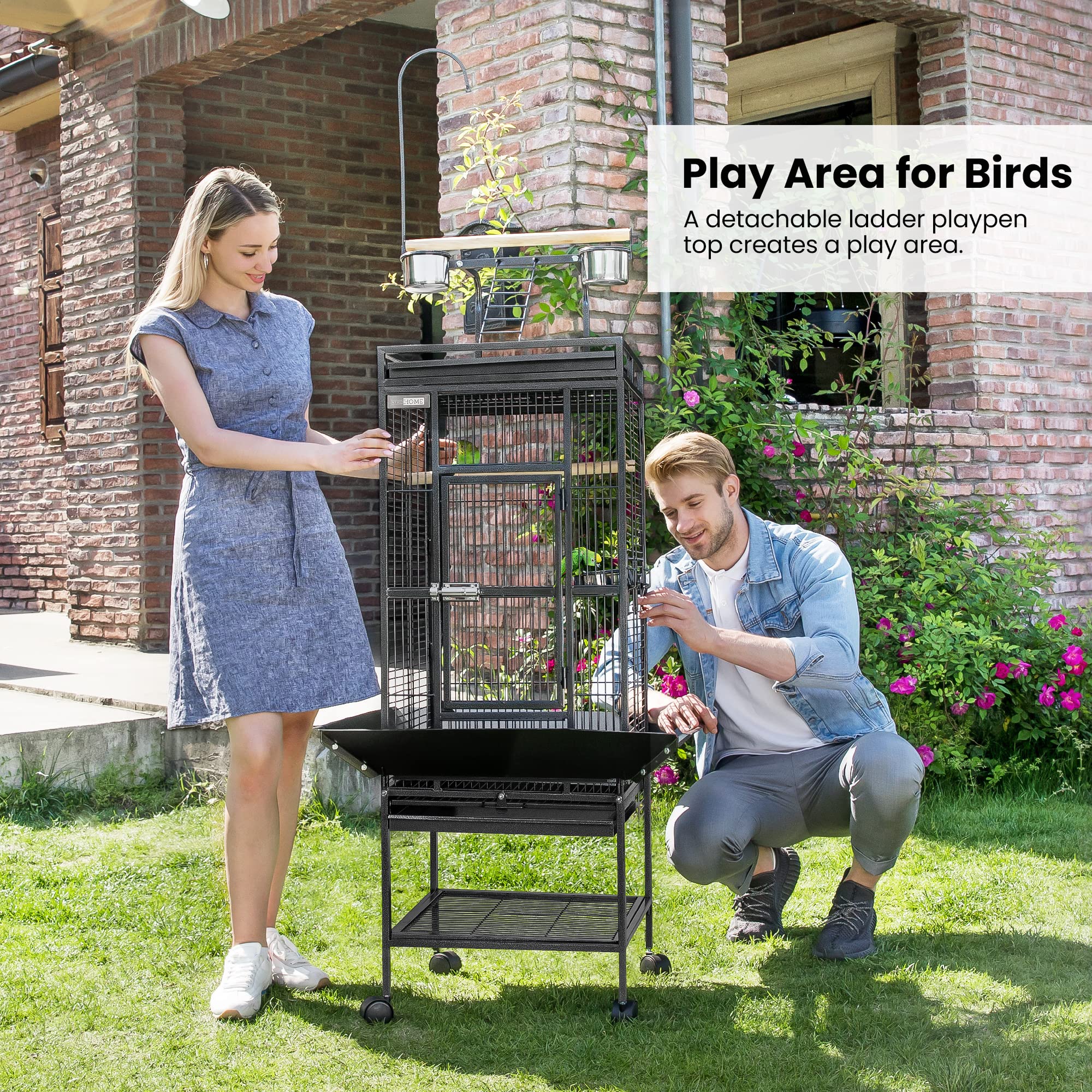 Vivohome 72 Inch Wrought Iron Large Bird Cage With Play Top And Stand For Parrots Lovebird Cockatiel Parakeets Black