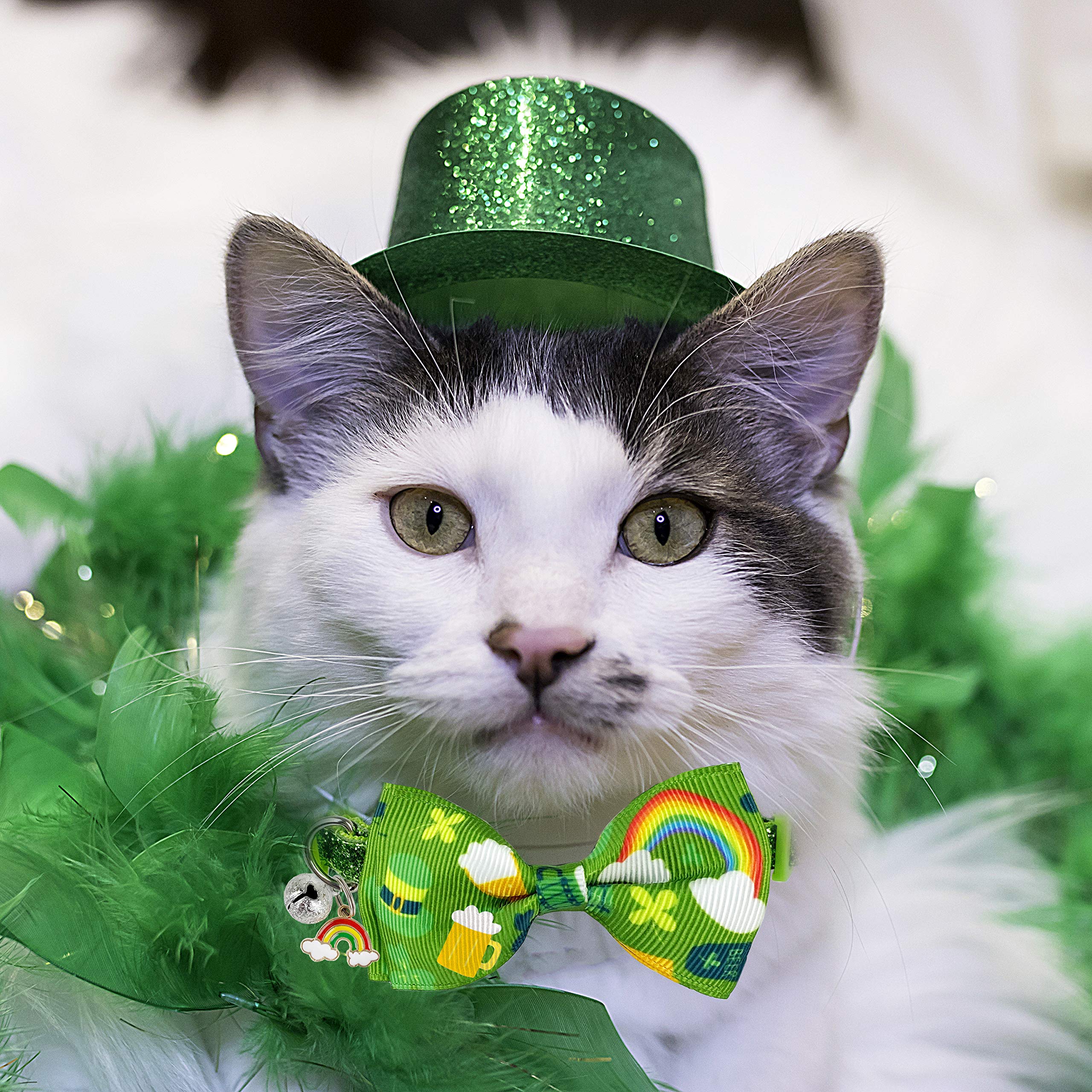 St. Patrick'S Cat Collar With Bow Tie And Bell, Kitty Kitten Breakaway Lucky Irish Shamrock Collar For Girls And Boys Male Femal