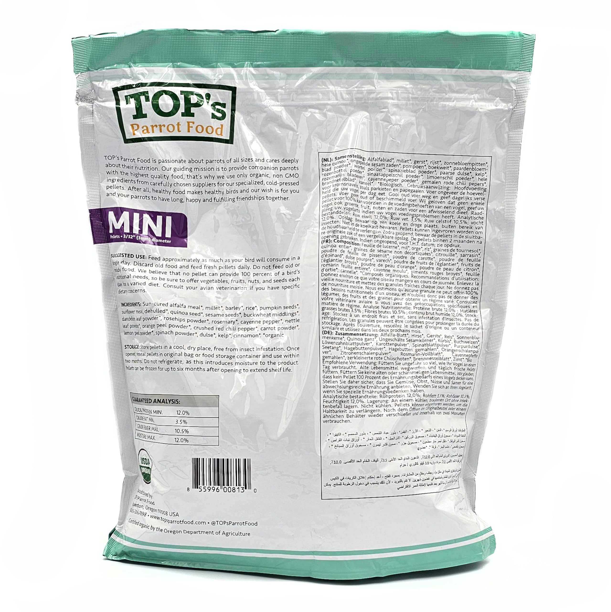 TOPs Parrot Food Mini Pellets Bird Food for Budgies, Cockatiels, Parrotlets, Lovebirds, Parakeets - Non-GMO, Peanut Soy & Corn