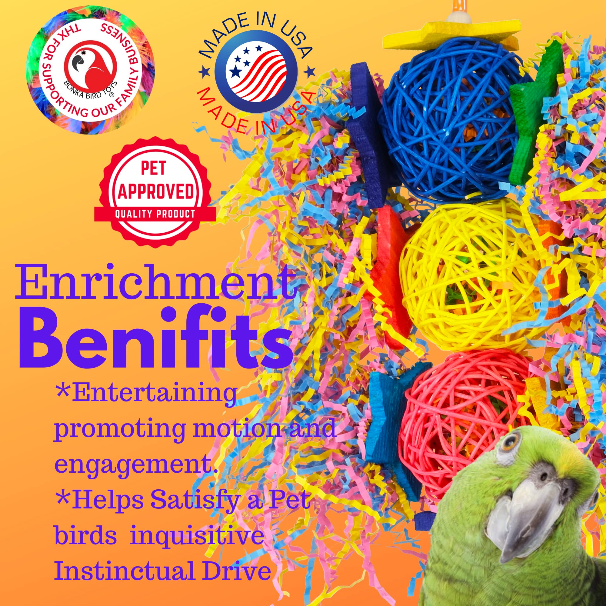 Bonka Bird Toys 1854 Tri Foraging Star 13' X 8', Parrot Preening Plucking Cage Toy, Ringnecks, Conures, Quakers, Pionus, And Similar