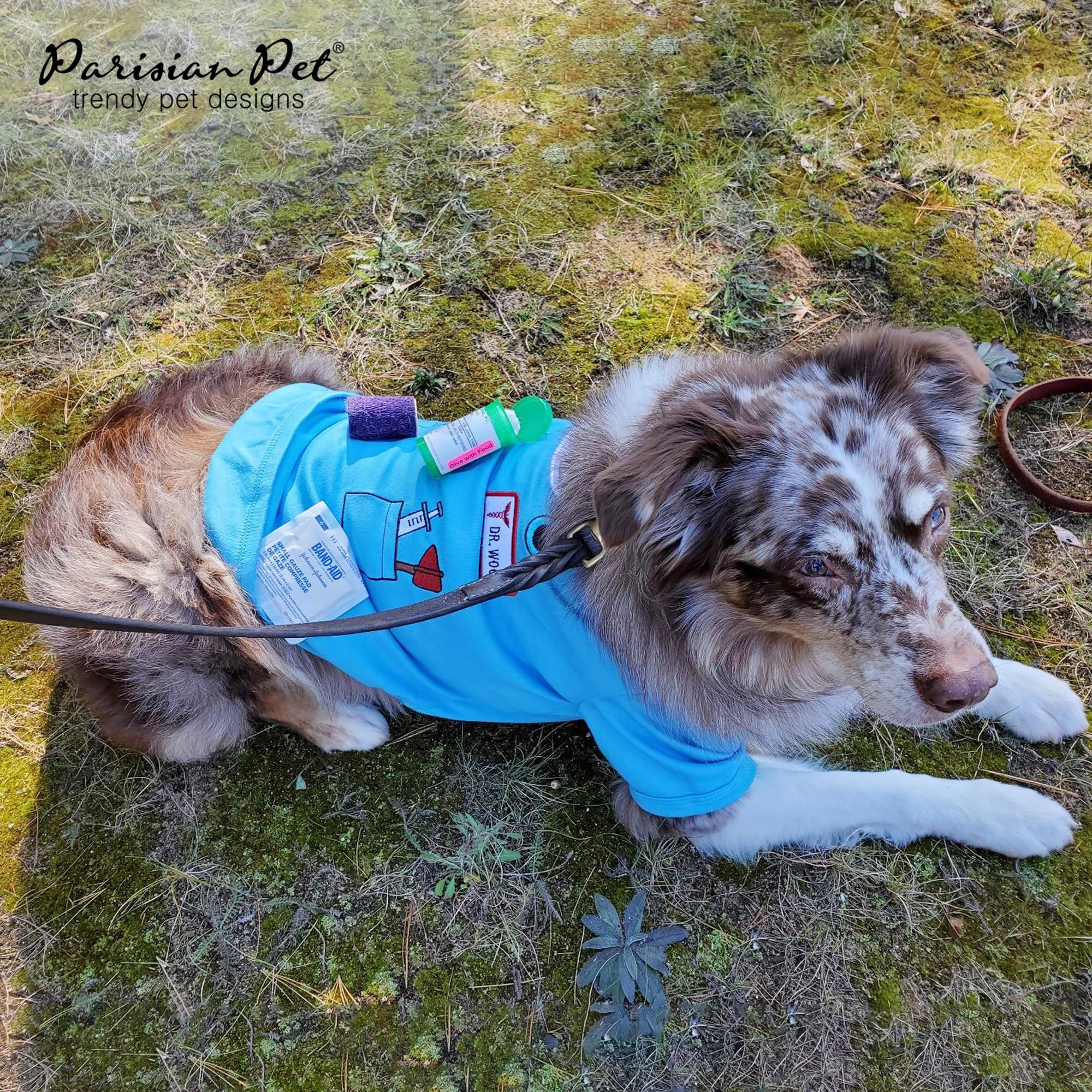 Parisian Pet Doctor Woof Dog Shirt - Embroidered Dog Pirate Costume - 100% Cotton & Polyester Doctor Outfit For Dog - Sleeved Dog Clothes - Blue Funny Dog Shirts For Large Dogs - Pet Costumes - L