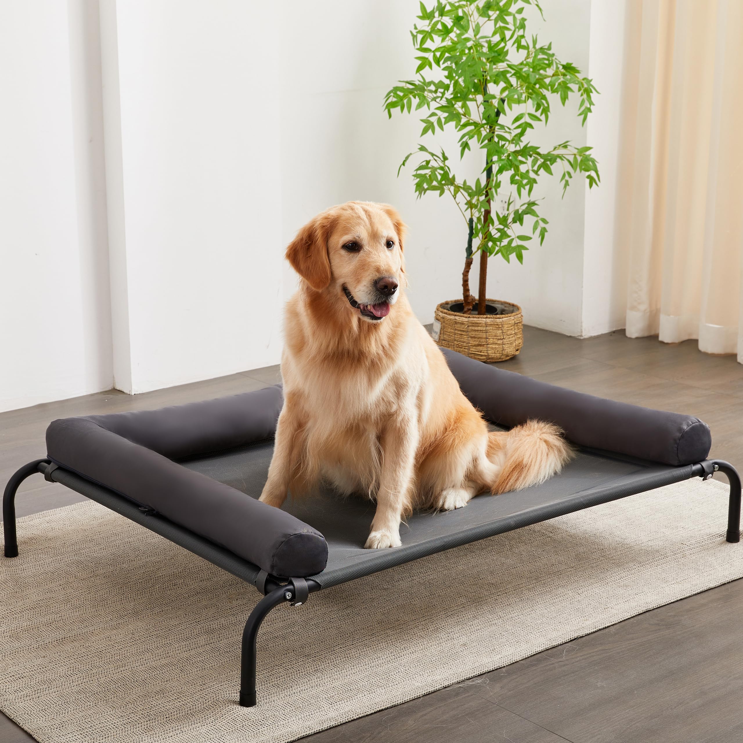 TJSOULER Cooling Elevated Dog Bed with Pillows,Portable Washable Raised Dog Cot Bed with Chew Proof Mesh and Metal Frame,No-Slip