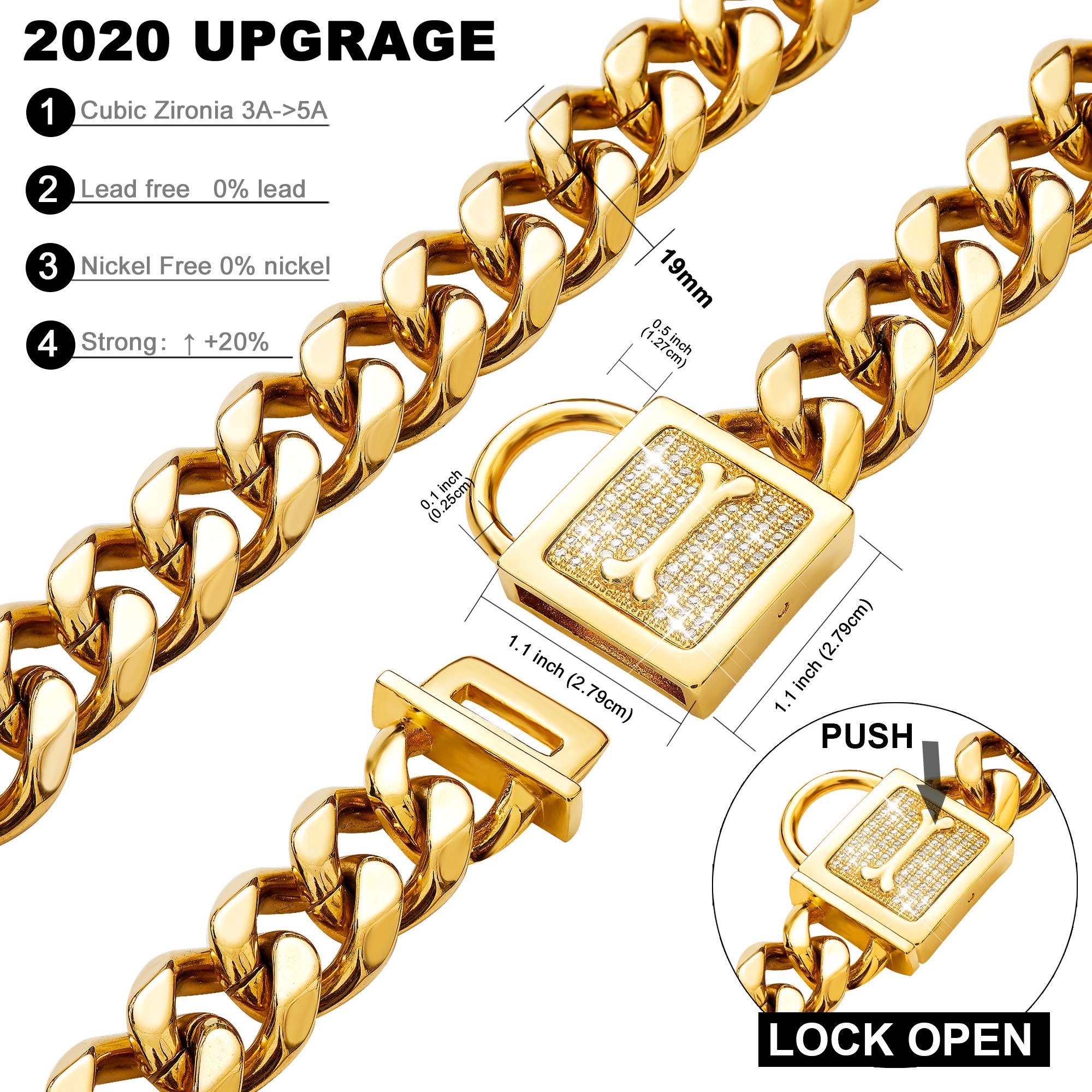 Pradog Dog Chain Collar With Zirconia Buckle 19Mm Gold Cuban Link Puppy Collar Gold Dog Chain Bling Necklace For Medium Dogs (19