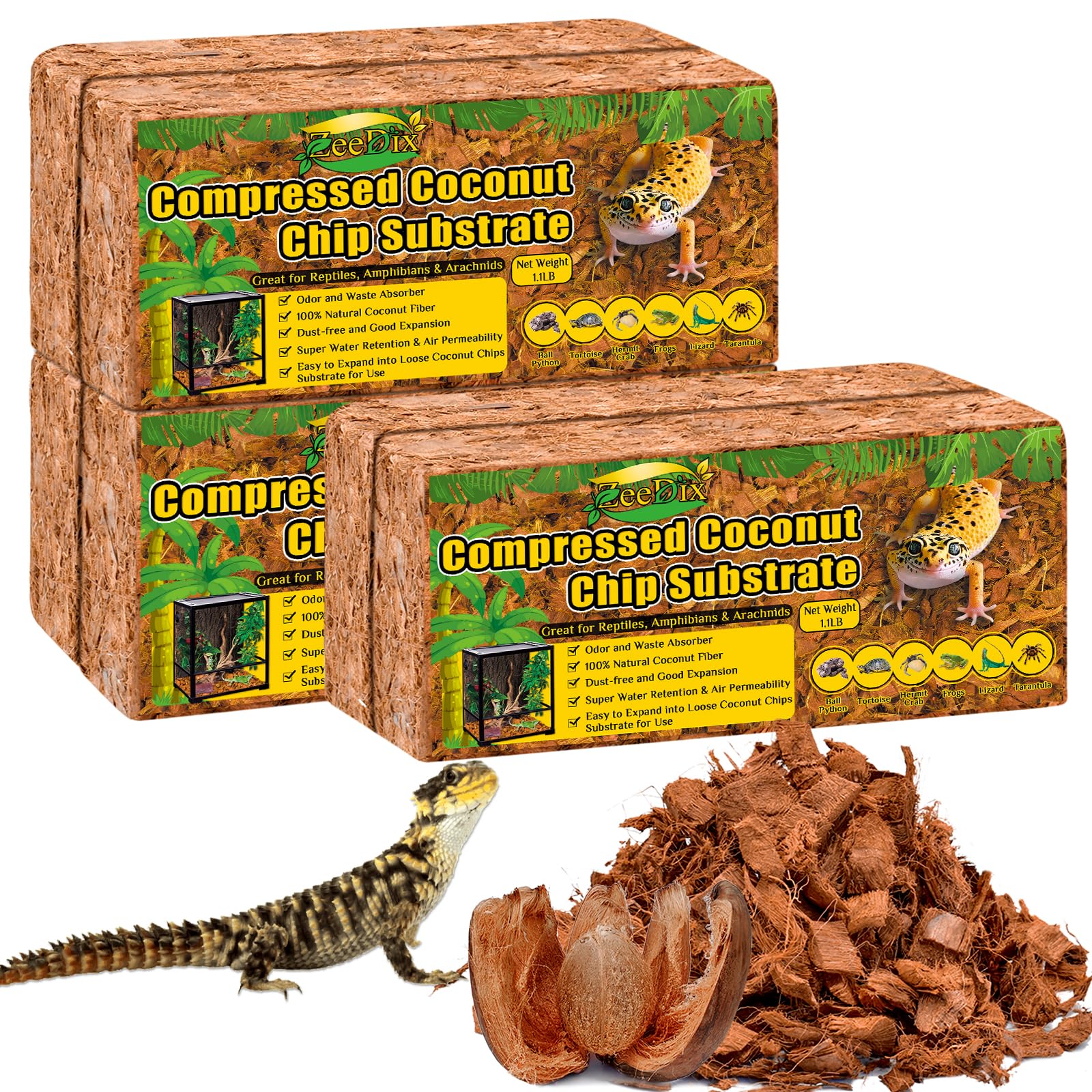 Zeedix 6Pcs Natural Coconut Chips Substrate For Reptiles, Coconut Fiber Husk Reptiles Bedding, Compressed Coco Chips Substrate F