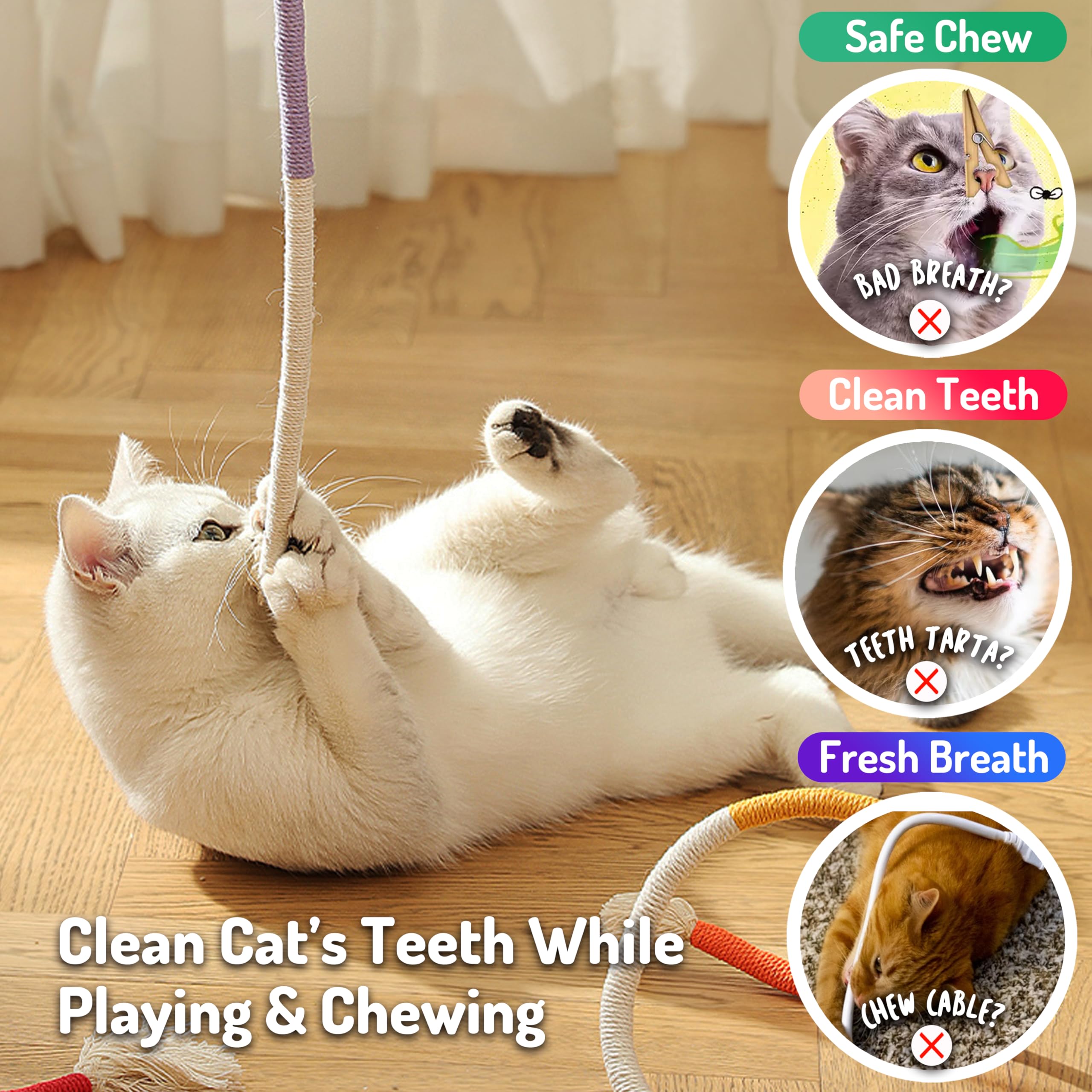 Lekewpet Cat Chew Toys 3Pcs Sisal Ropes, Kitten Toys For Indoor Cats Teeth Cleaning Toys For Kitten, Bite Resistant Catnip Toys