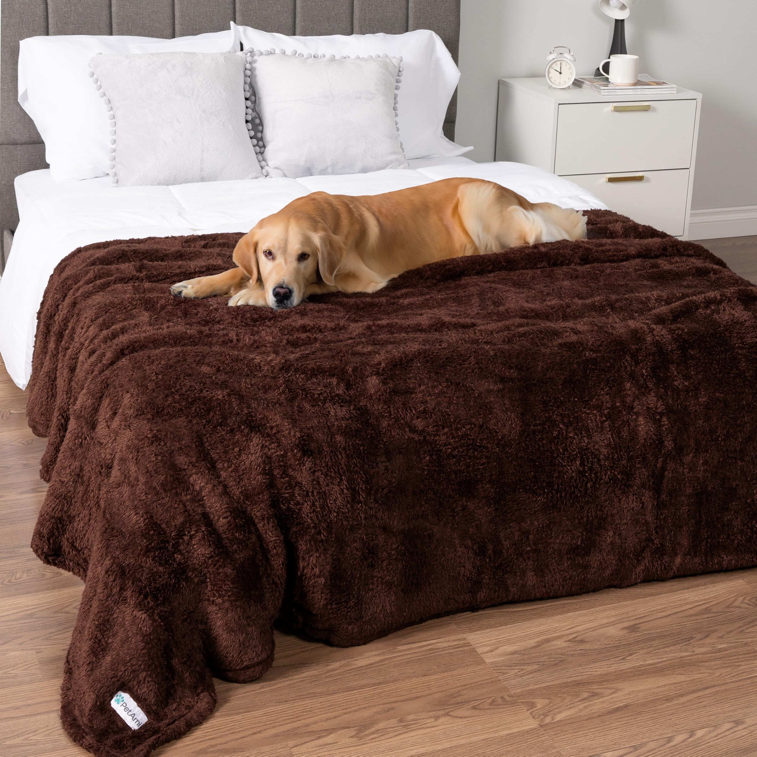 Petami Fluffy Waterproof Dog Blanket For Bed Large Dogs, Soft Warm Pet Sherpa Throw Pee Proof Couch Cover, Reversible Cat Blanket Sofa Crate Kennel Protector, Washable Mat Queen (Brown, 90X90)