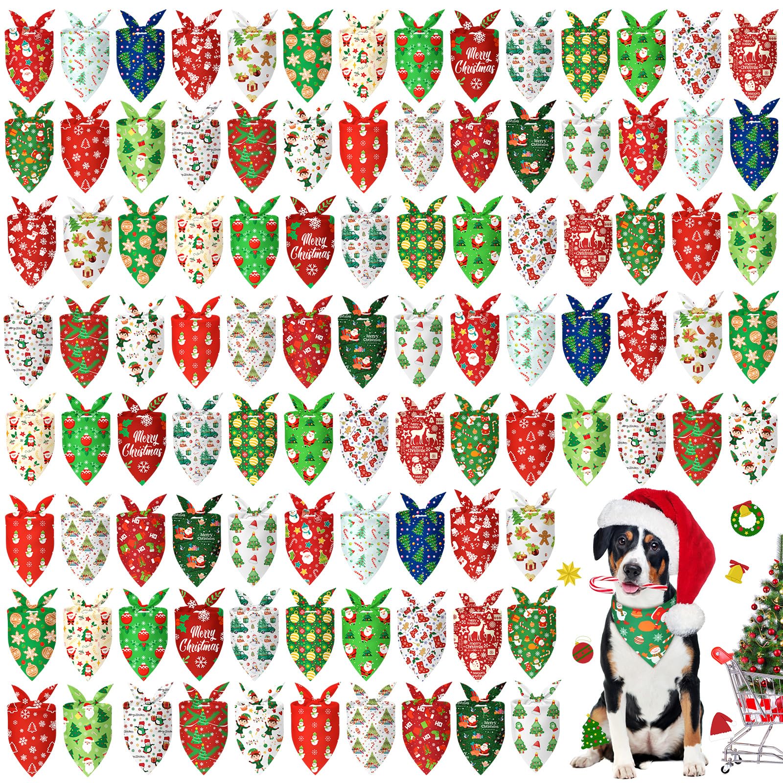 Abbylike 100 Pcs Christmas Dog Bandanas Bulk Xmas Bandanas for Dogs Triangle Kerchief Bibs Scarf Set for Pet Xmas Costume Photo 