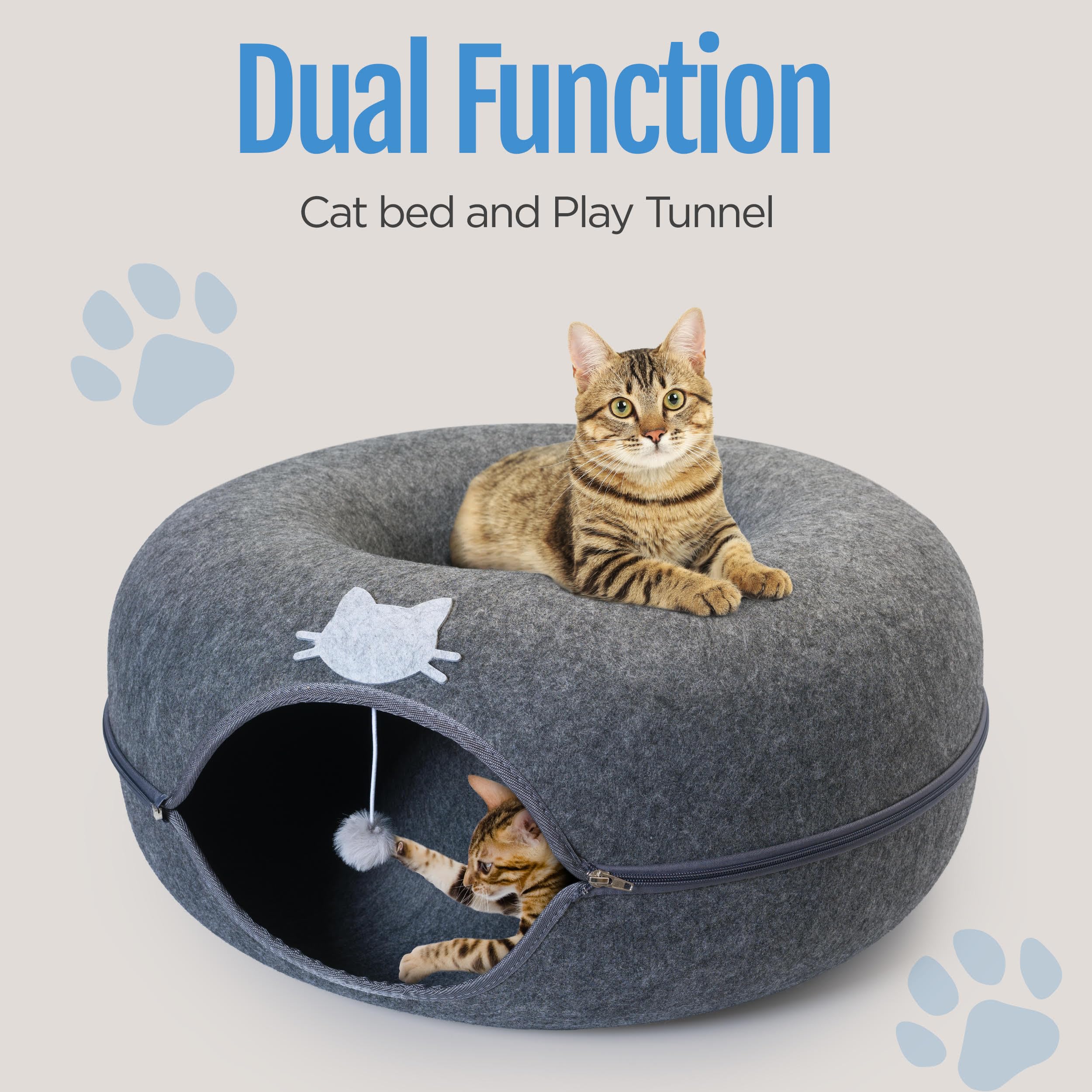 Meow Mansion Large Cat Cave Donut Bed - Cat Tunnel Bed For Large Cats Up To 30Lbs - 3 Toy Balls & Hanging Ball Included - Scratc