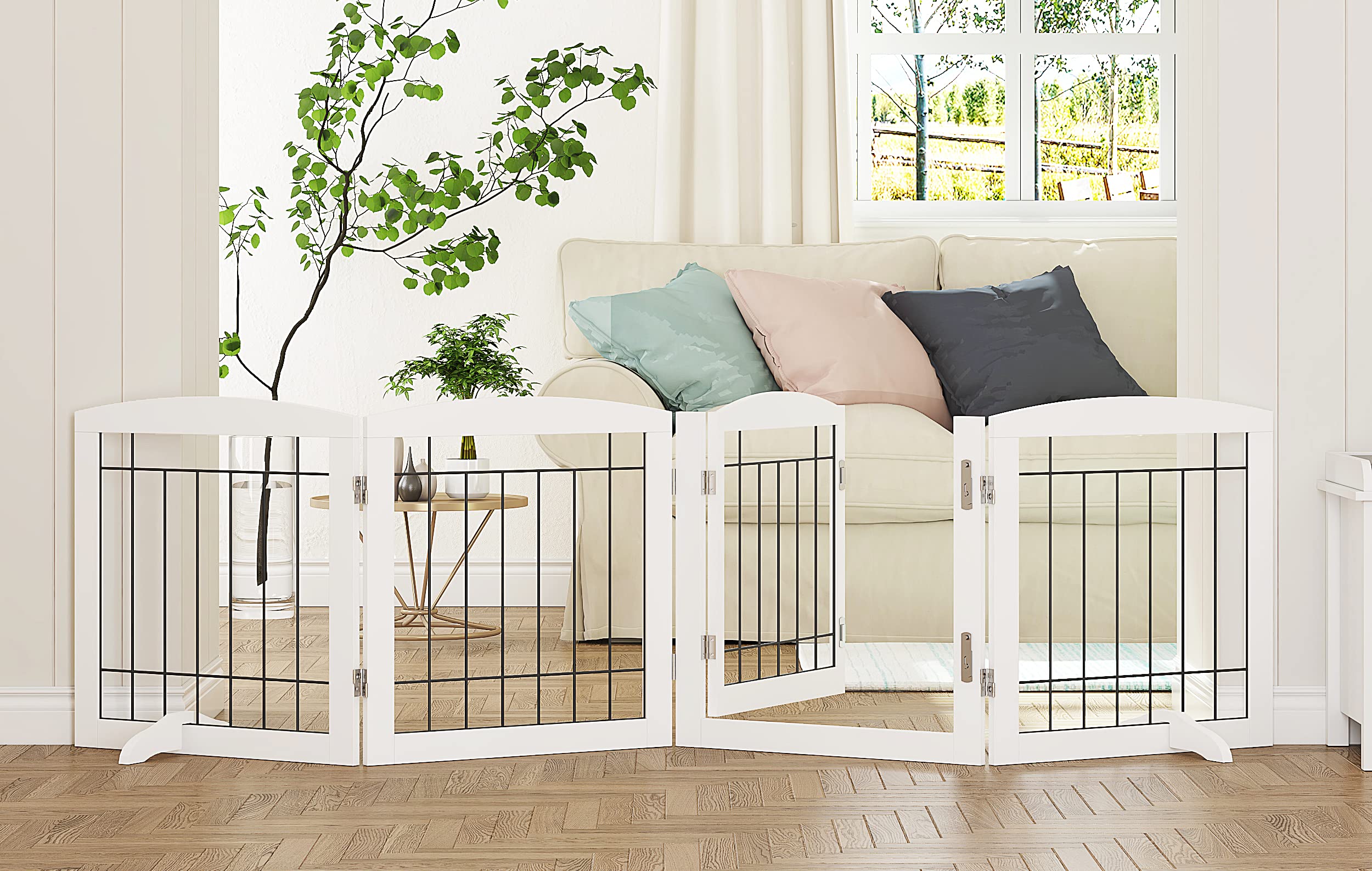 Pawland Freestanding Dog Gate With Door Walk Through, Dog Gate For The House, Doorway, Stairs, 80 Inch Wide Pet Puppy Safety Fence, Support Feet Included, 4 Panels, 24-Inches Tall (White)