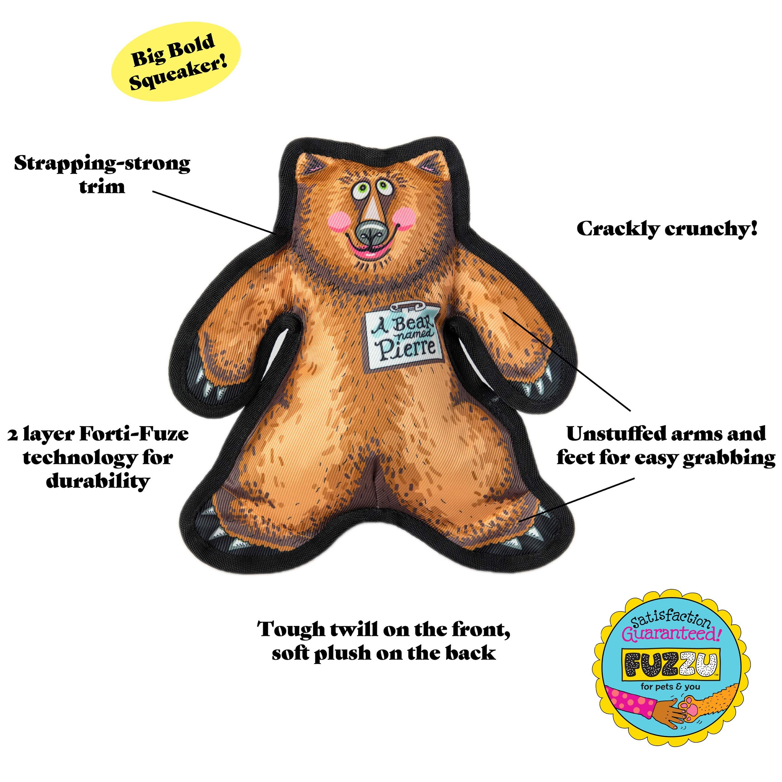 Fuzzu Wild Woodies Dog Chew Toy | A Bear Named Pierre Dog Toy | Durable Squeaky Dog Toy | Dog Chew Toy | Rugged Dog Toy | Medium | 9'