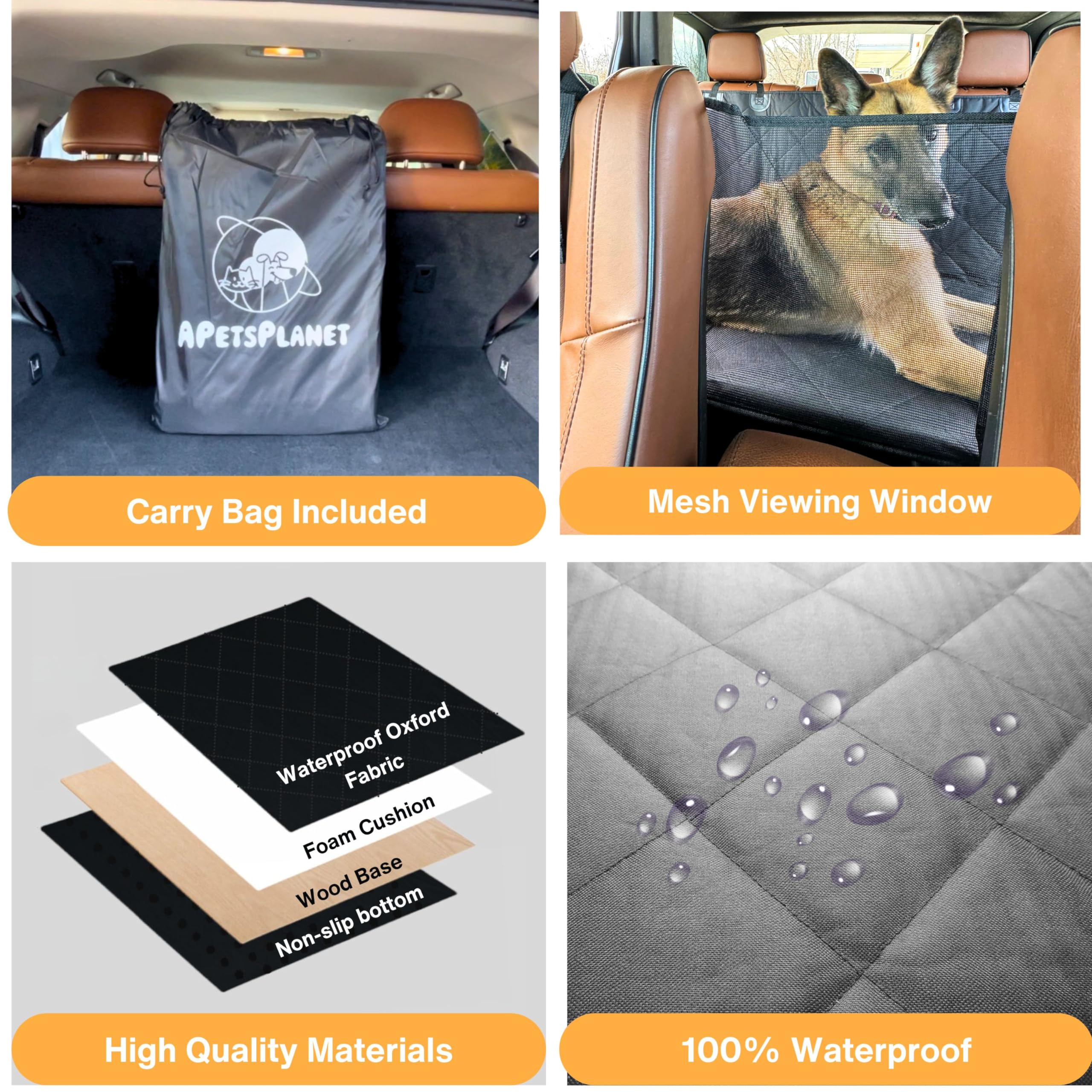 APetsPlanet Backseat Extender for Dogs, 100% Waterproof Hard Bottom Dog Car Seat Cover, Seat Extender with Mesh Window and Stora