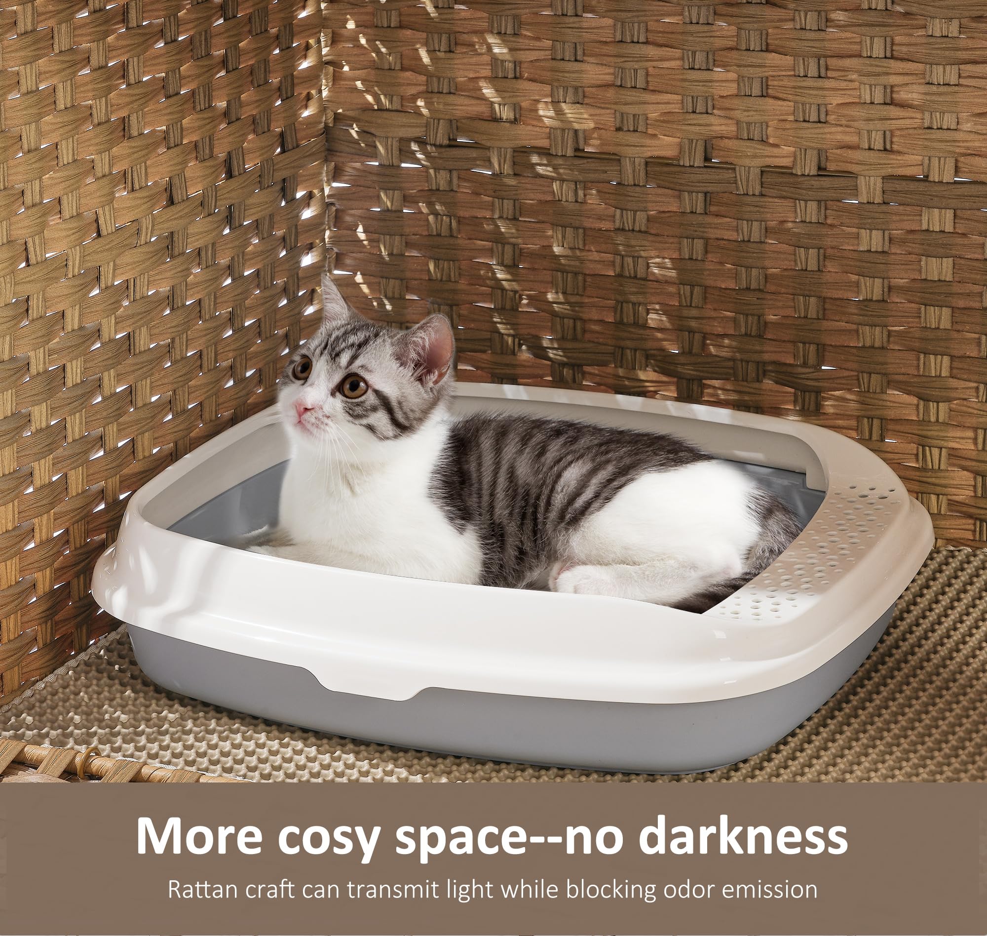 Cat Litter Box Enclosure With Soft Litter Mat; Hidden Cat Washroom Furniture With Door; Handwoven Rattan Kitten House With Large