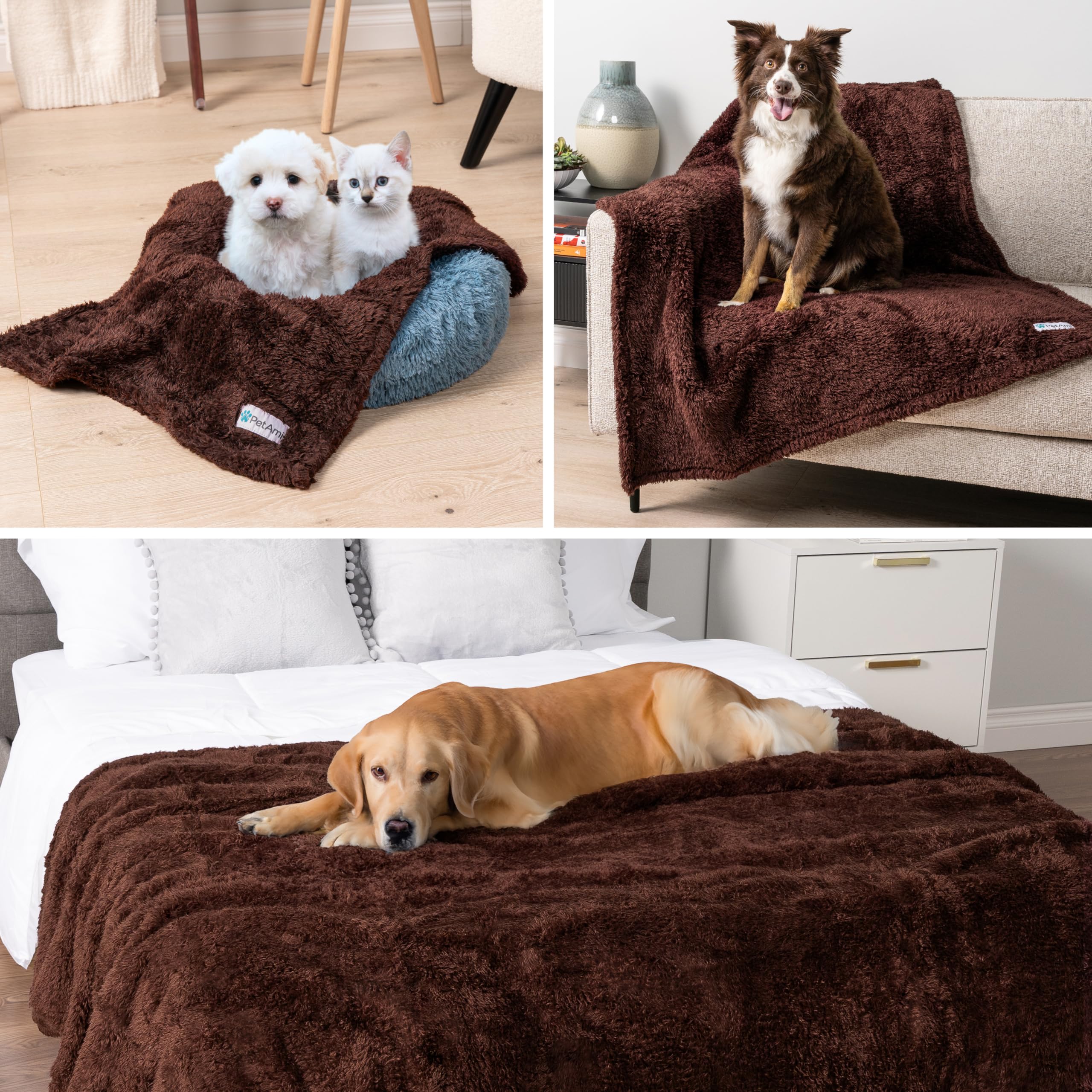 Petami Fluffy Waterproof Dog Blanket For Bed Large Dogs, Soft Warm Pet Sherpa Throw Pee Proof Couch Cover, Reversible Cat Blanket Sofa Crate Kennel Protector, Washable Mat (Brown, 60X80)