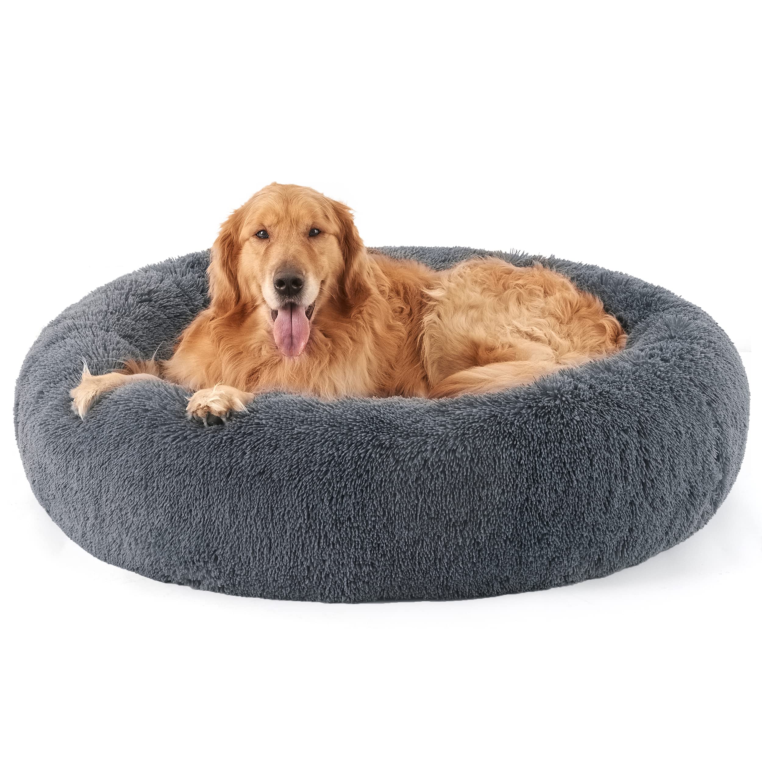 Bedsure Calming Dog Bed For Extra Large Dogs - Donut Washable Large Pet Bed, 45 Inches Anti-Slip Round Fluffy Plush Faux Fur Dog
