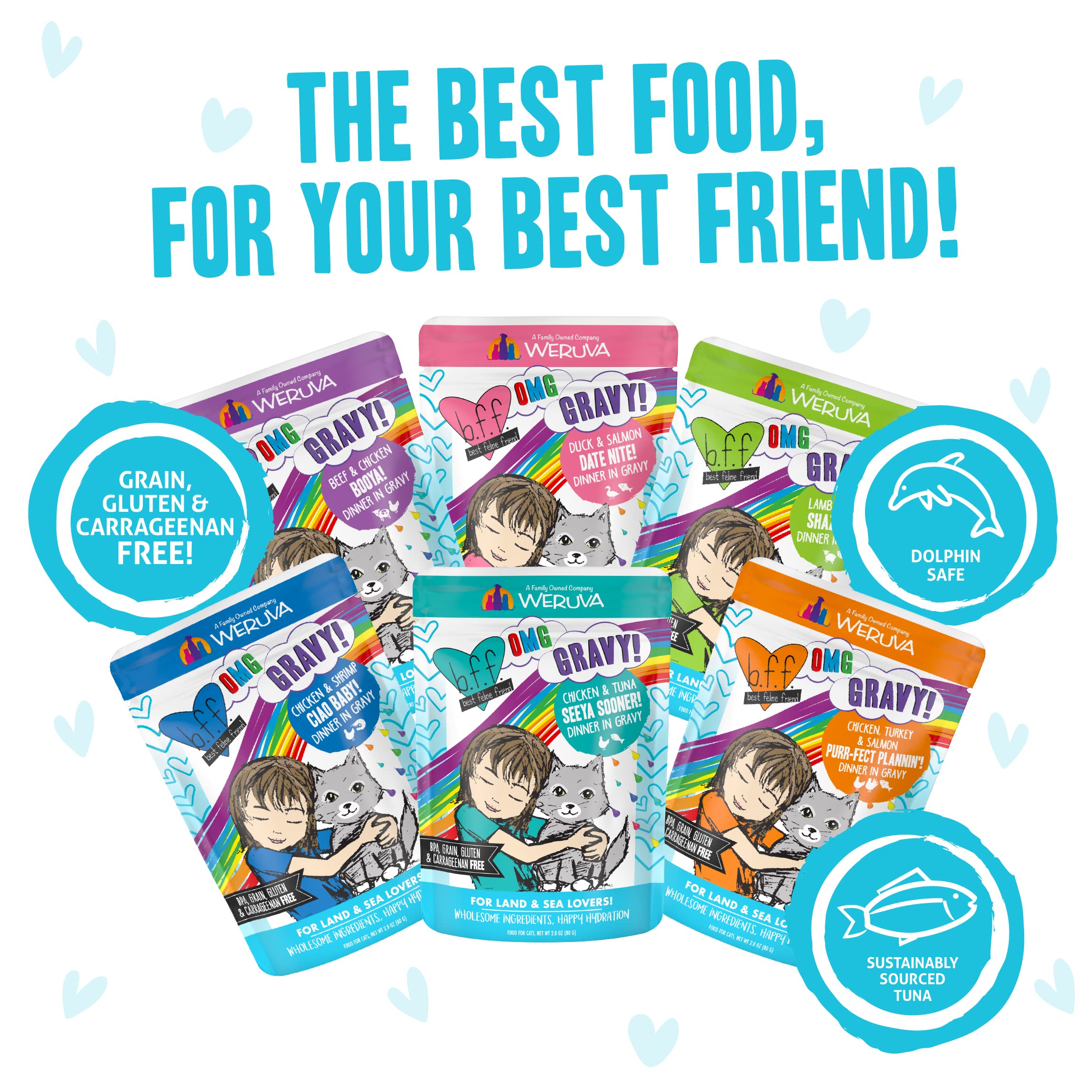 Weruva B.F.F. OMG - Best Feline Friend Oh My Gravy!, Variety Pack, Potluck O Pouches, Wet Cat Food, 2.8Oz Pouches (Pack of 12)