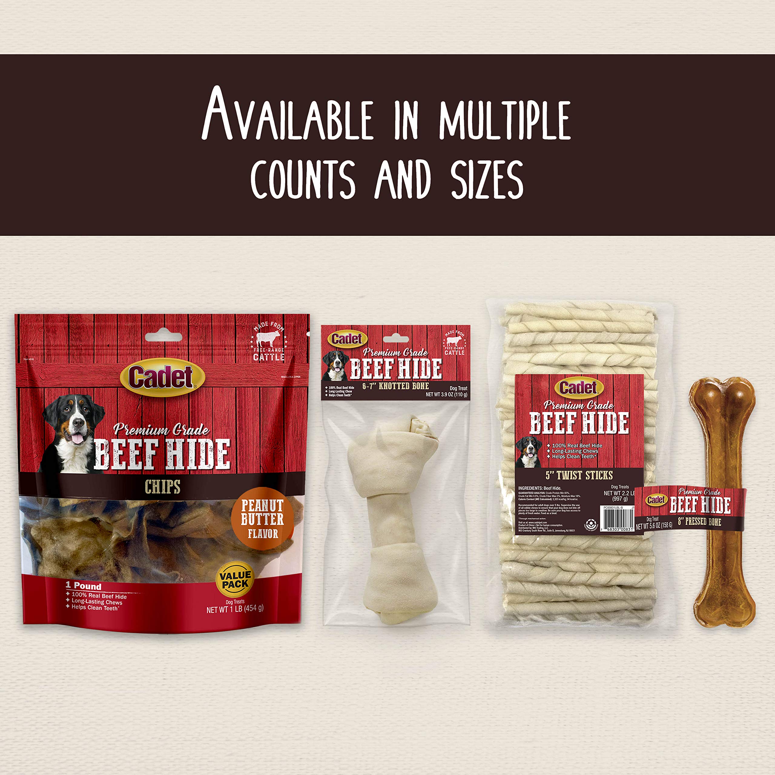 Cadet Premium Grade Beef Hide for Dogs, Long-Lasting Rawhide Chips, Single Ingredient Dog Chews, Peanut Butter Flavor, 1 Pound