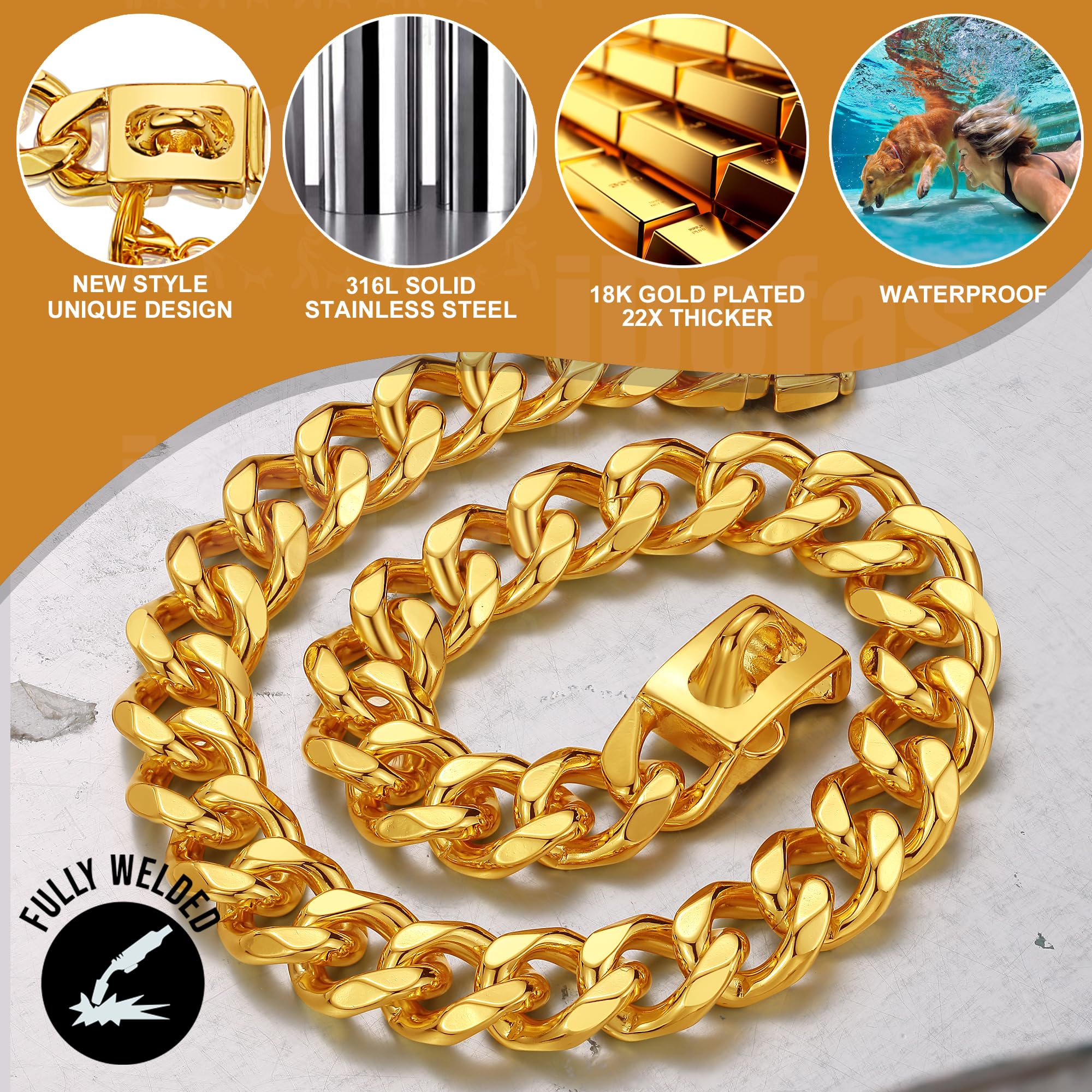 Luxlife 15Mm/10 Inch Gold 18K Gold Chain Dog Collar With Built-In Bell And Tag For Small, Medium, Large Dogs