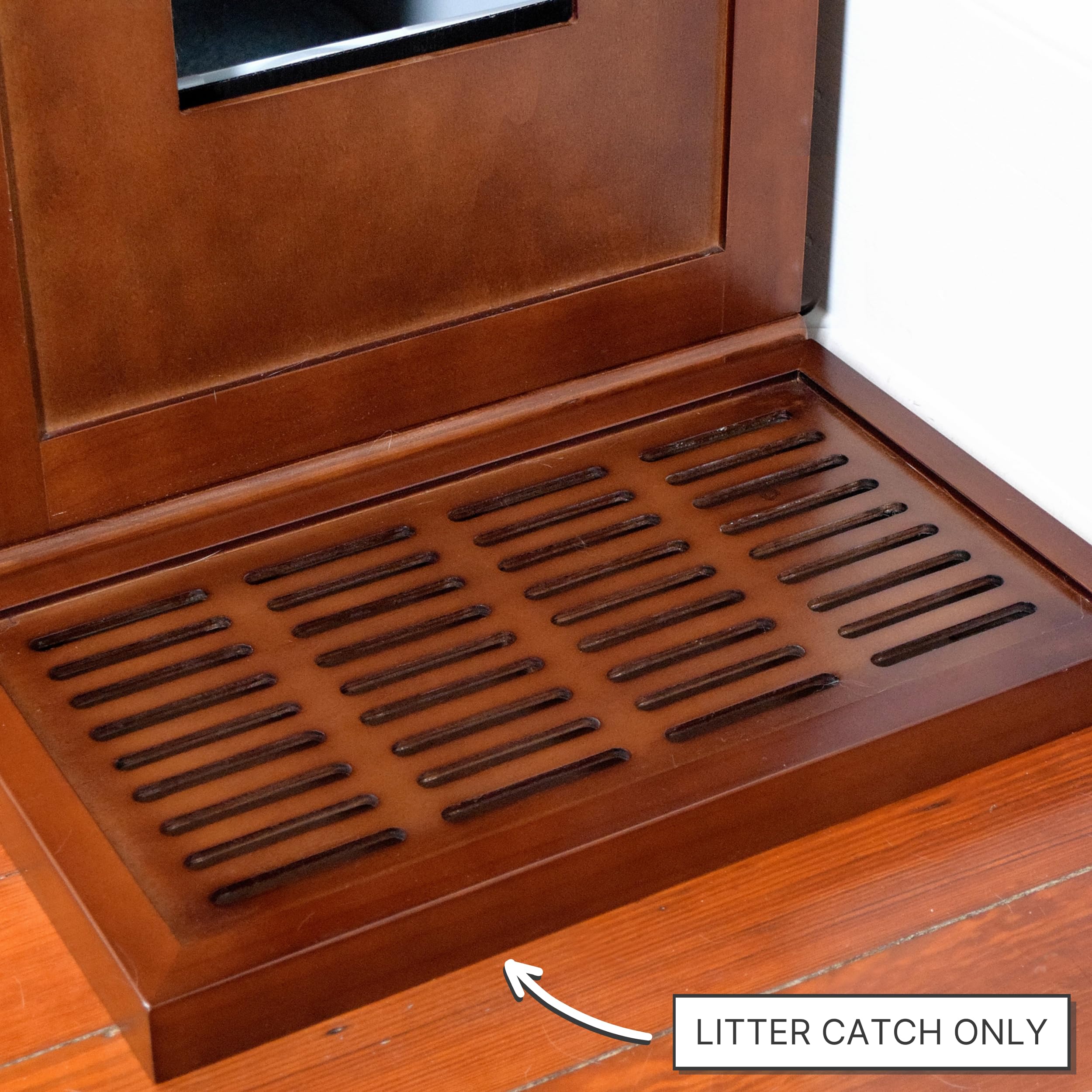 The Refined Feline Litter Catch For The Refined Litter Box Enclosure Cabinet In Mahogany Brown, Solid Wood With Slots To Catch Stray Litter As Cats Exit The Litter Box, Trap Door For Easy Emptying