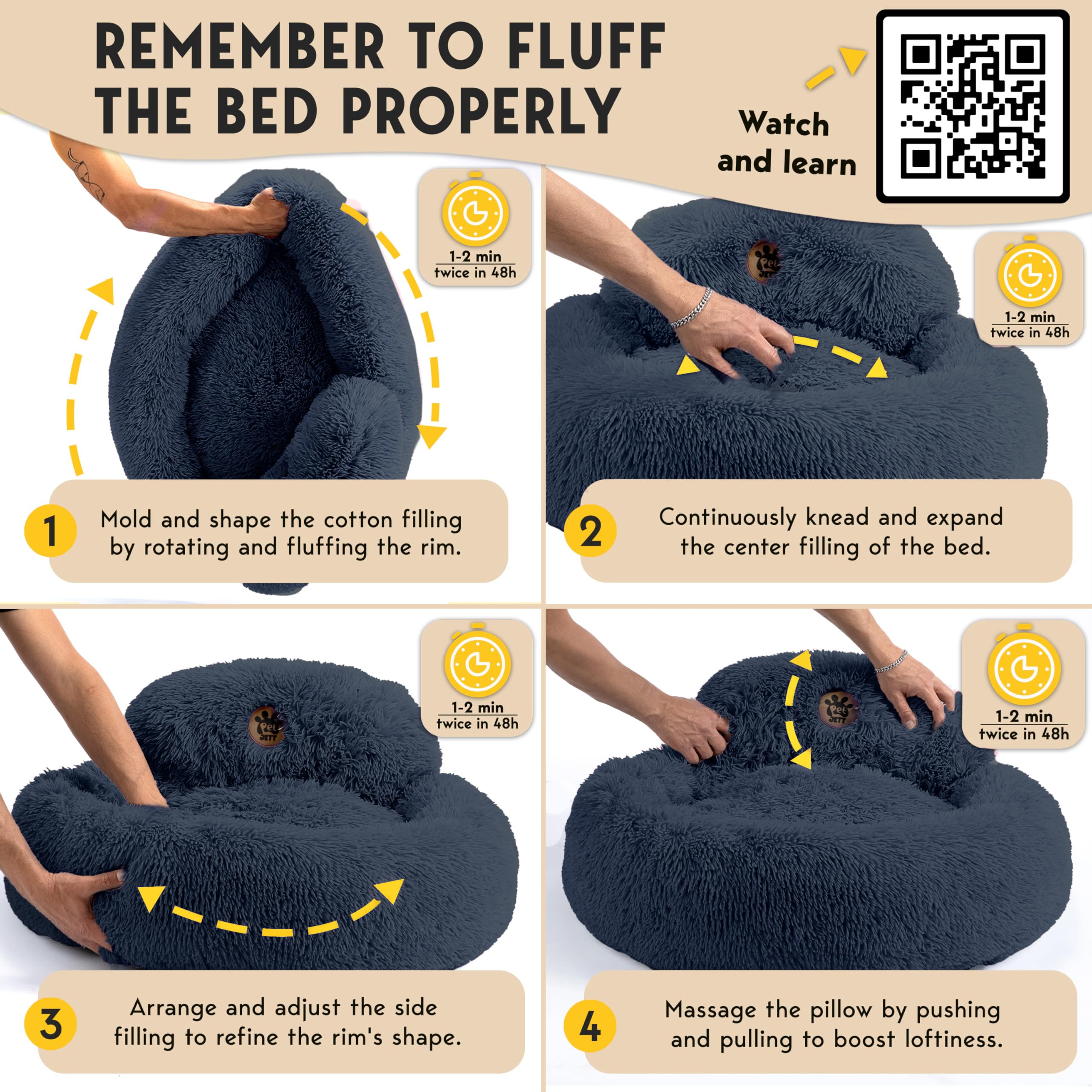 PetJett Calming Dog Beds Large Sized Dog - 36 Round Bed, Anti-Slip & Washable Super Soft Donut Bed, Fluffy Faux Fur Anti-Anxie
