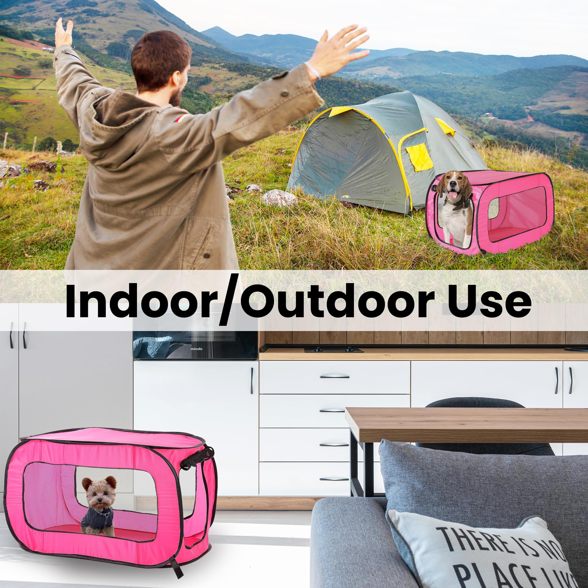 Beatrice Home Fashions Portable, Collapsible, Pop Up Kennel Travel Cat And Dog Crate, 24' L X 16.6' W X 16' H, Fuchsia