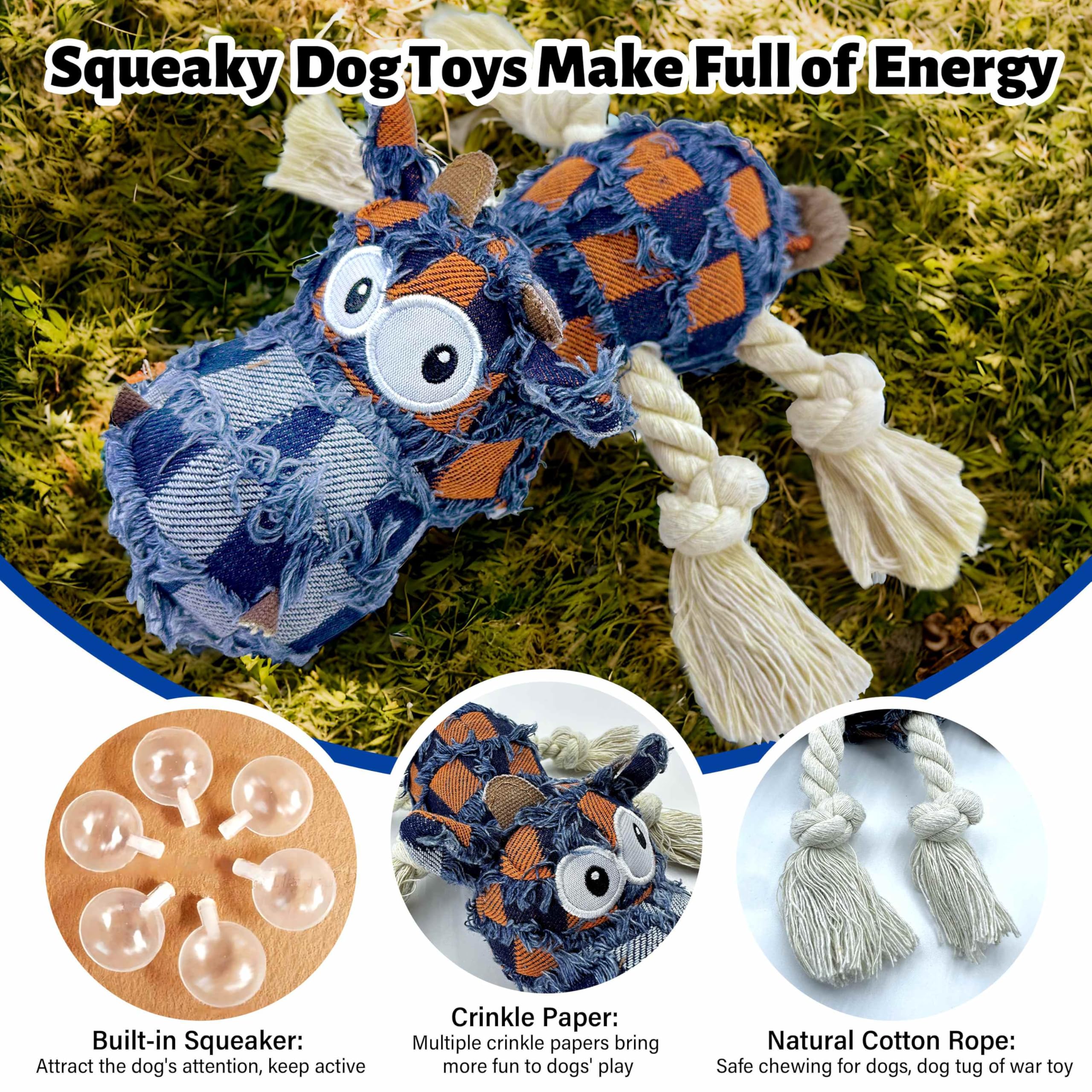 Hanarook Squeaky Dog Toys For Aggressive Chewers, Dog Plush Chew Toy, Stuffed Animals Dog Toys For Small Medium Large Dogs To Ke