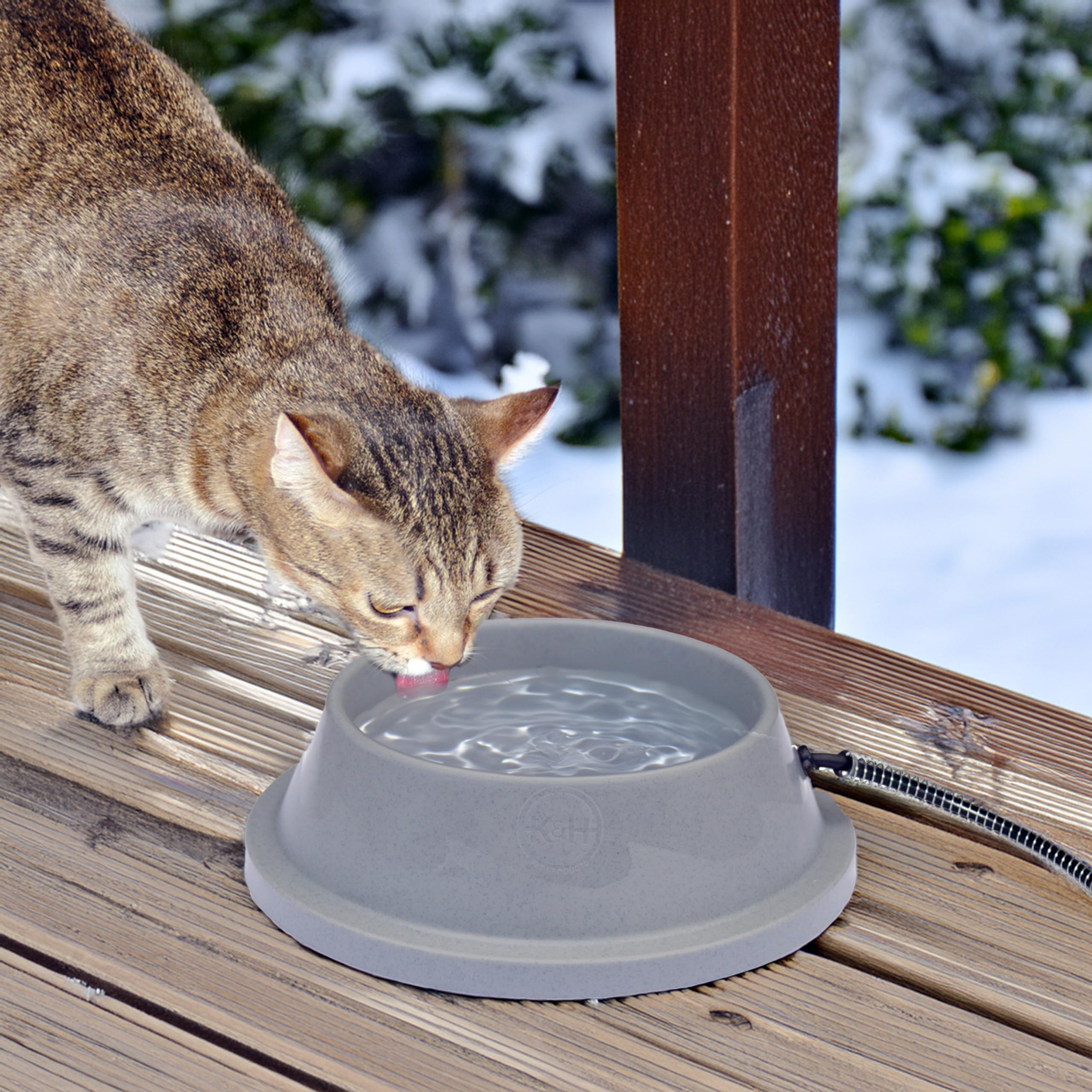 K&H Pet Products Thermal-Bowl Heated Water Bowl For Outdoor Cats & Dogs, Outdoor Ice-Free Dog & Cat Water Bowl, Heated Dish For Pets, Chickens, & Small Animals Too - Met Safety Listed - Gray 32 Ounces