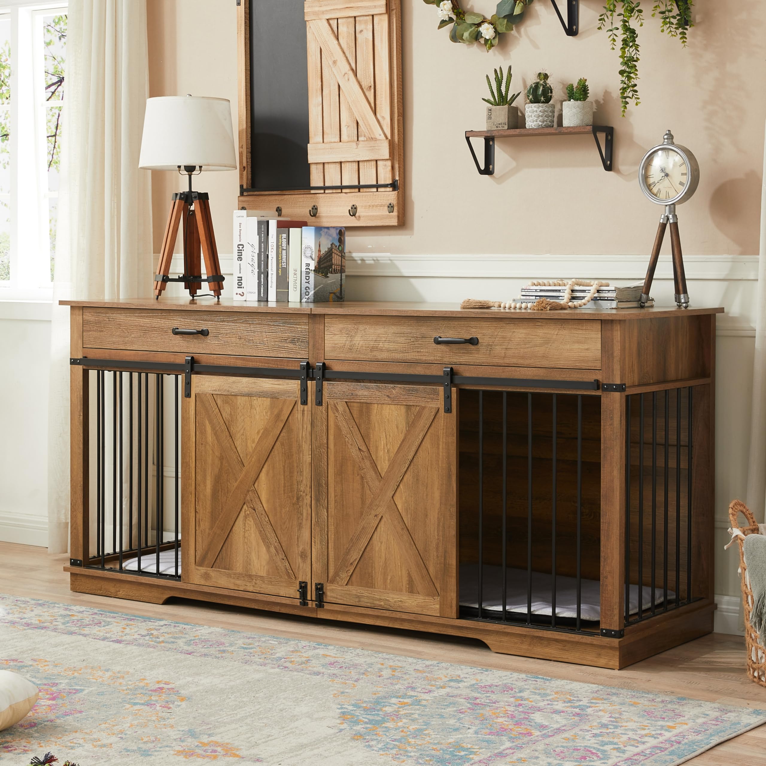 72.5 Double Dog Crate Furniture For 2 Medium Dogs, Heavy Duty Wood Dual Dog Kennel Tv Stand With Sliding Doors And Storage Dra