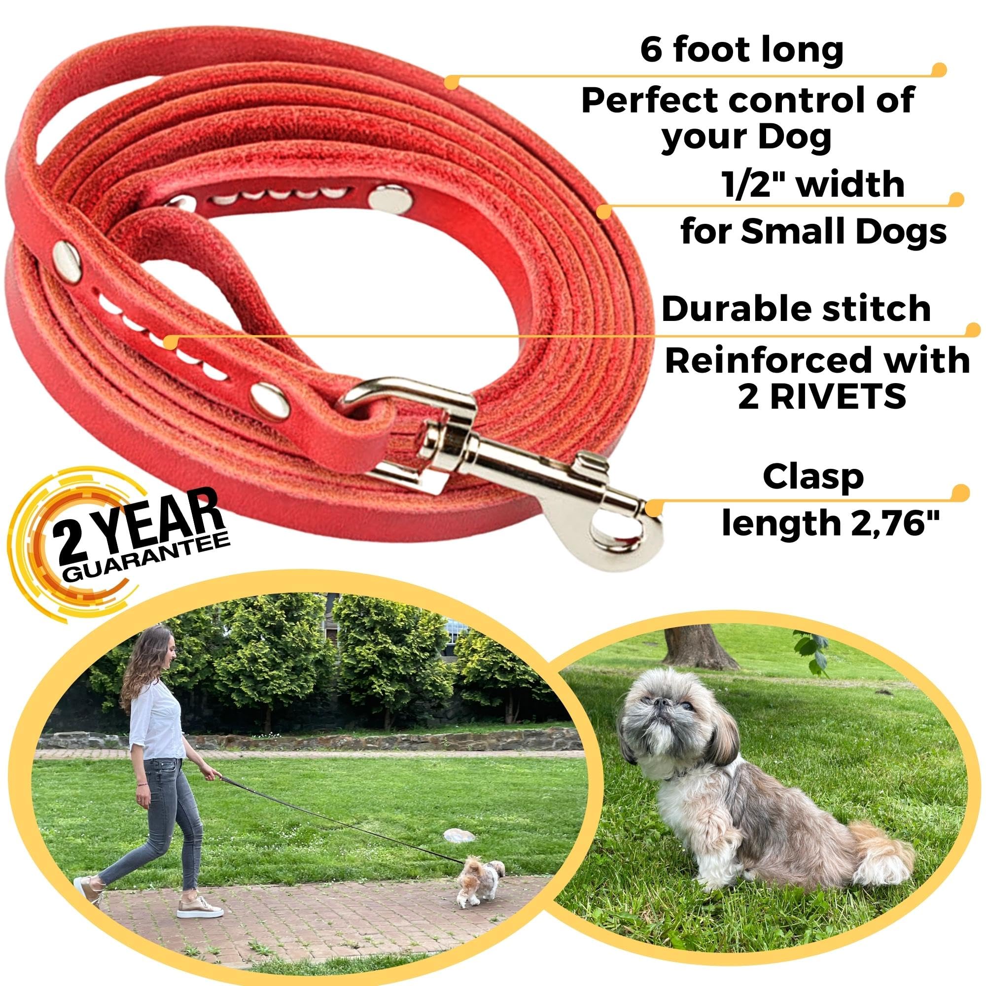 Adityna - Premium Leather Dog Leash - 6 Ft, Heavy-Duty, Soft & Strong For Small/Medium Dogs (Small: 6 Ft X 1/2, Red)