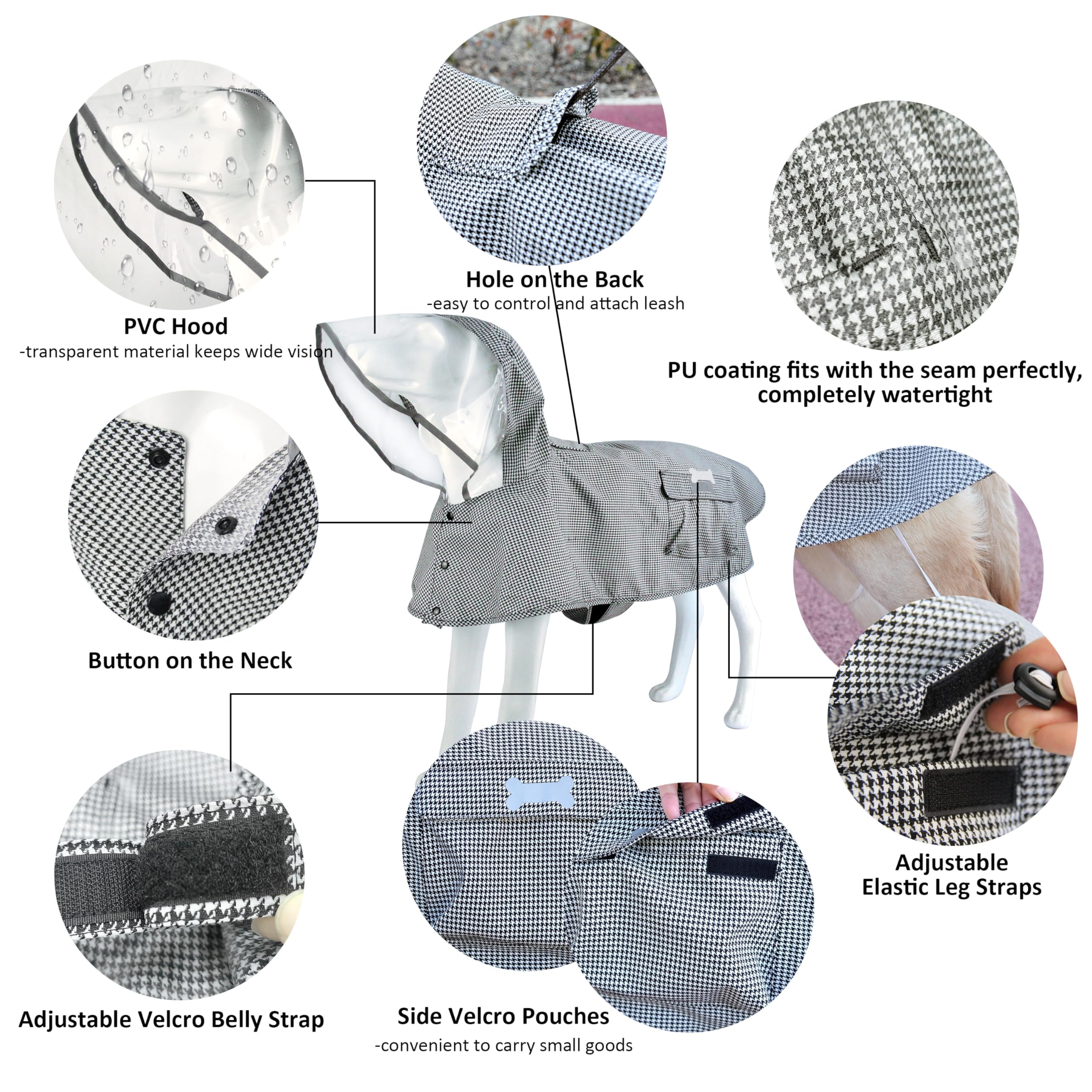 Waterproof Dog Raincoat, Adjustable Reflective Lightweight Pet Rain Clothes With Poncho Hood(Large,Black&White)