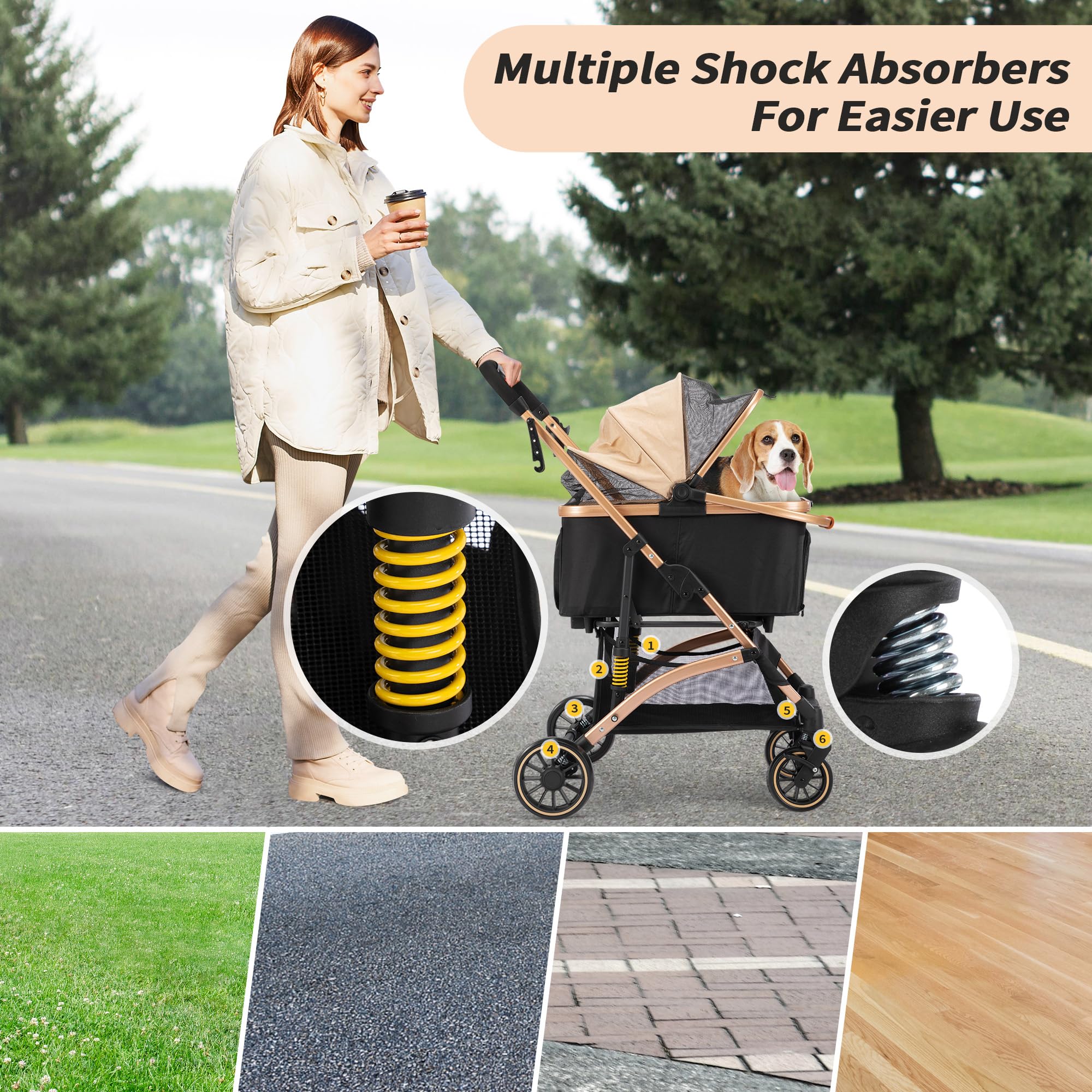 Coziwow 4-Wheel Premium 3-In-1 Foldable Pet Stroller For Small Medium Dogs With Detachable Carrier, Jogging Cat Travel, Black +