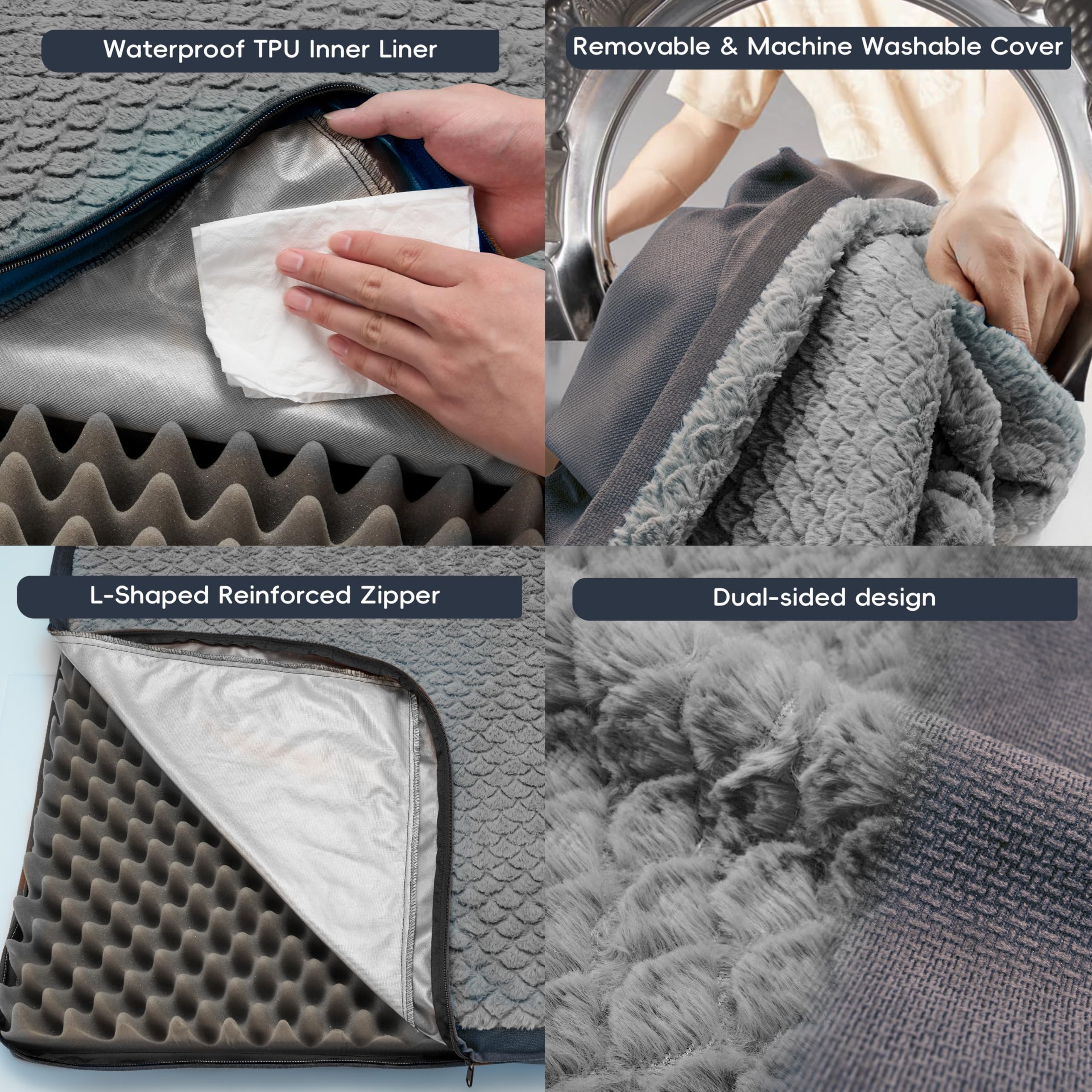 Sytopia XL Dog Bed - Waterproof, Double-Sided Plush, Orthopedic Support, Dark Grey, 44.1"L x 32.3"W x 3.1"Th, Model