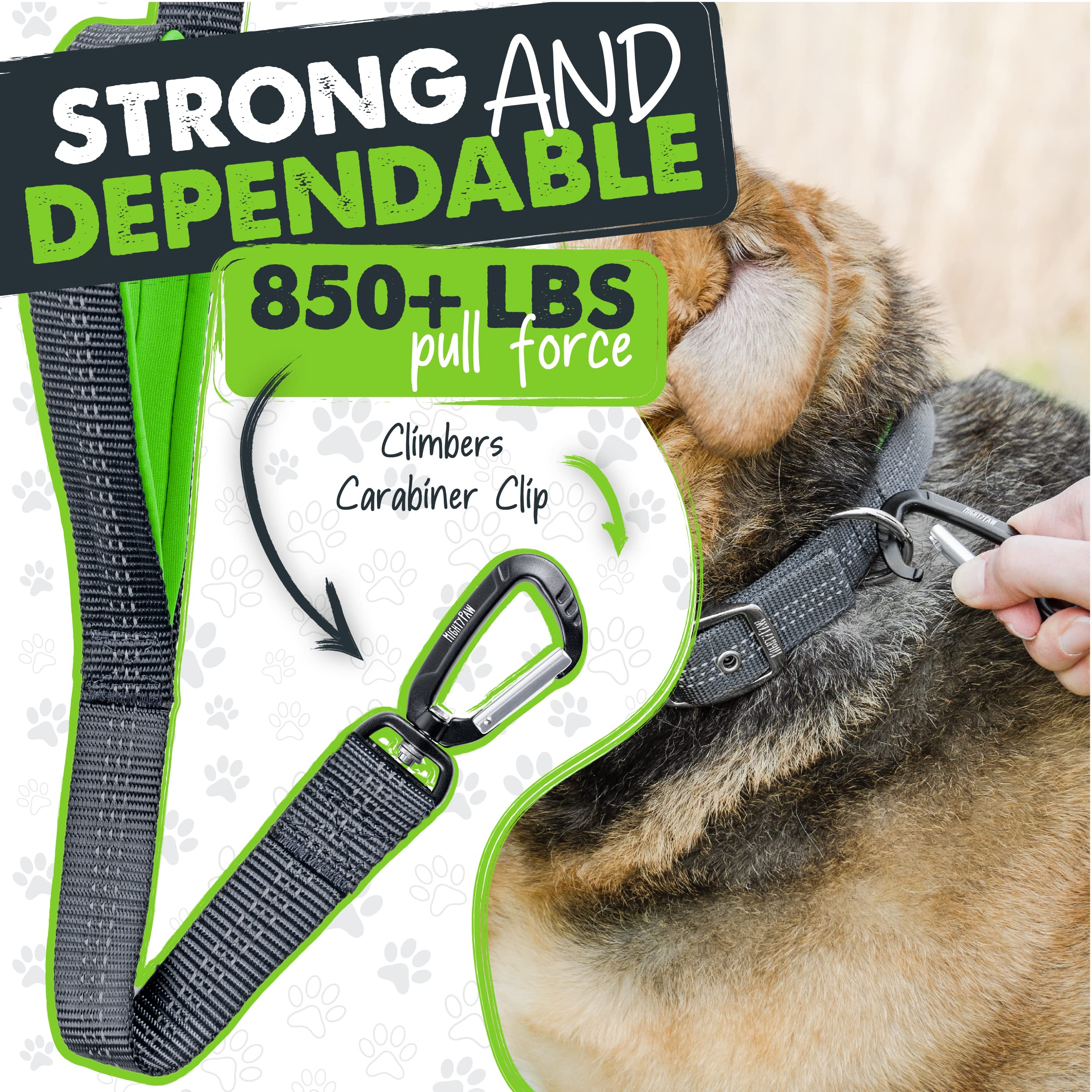 Mighty Paw Two Handle Dog Leash - Built-In Traffic Loop - Carabiner Clip - Double Padded Handles - Suitable For Small To Large P