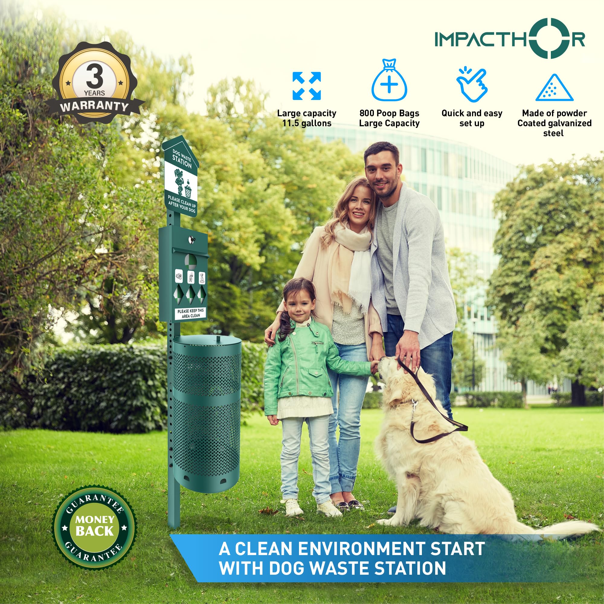Impacthor Dog Waste Station Outdoor Pet Waste Station- Desing With 4 Wholes And 800 Dog Poop Bags, 50 Waste Can Liners, 3 Poop B