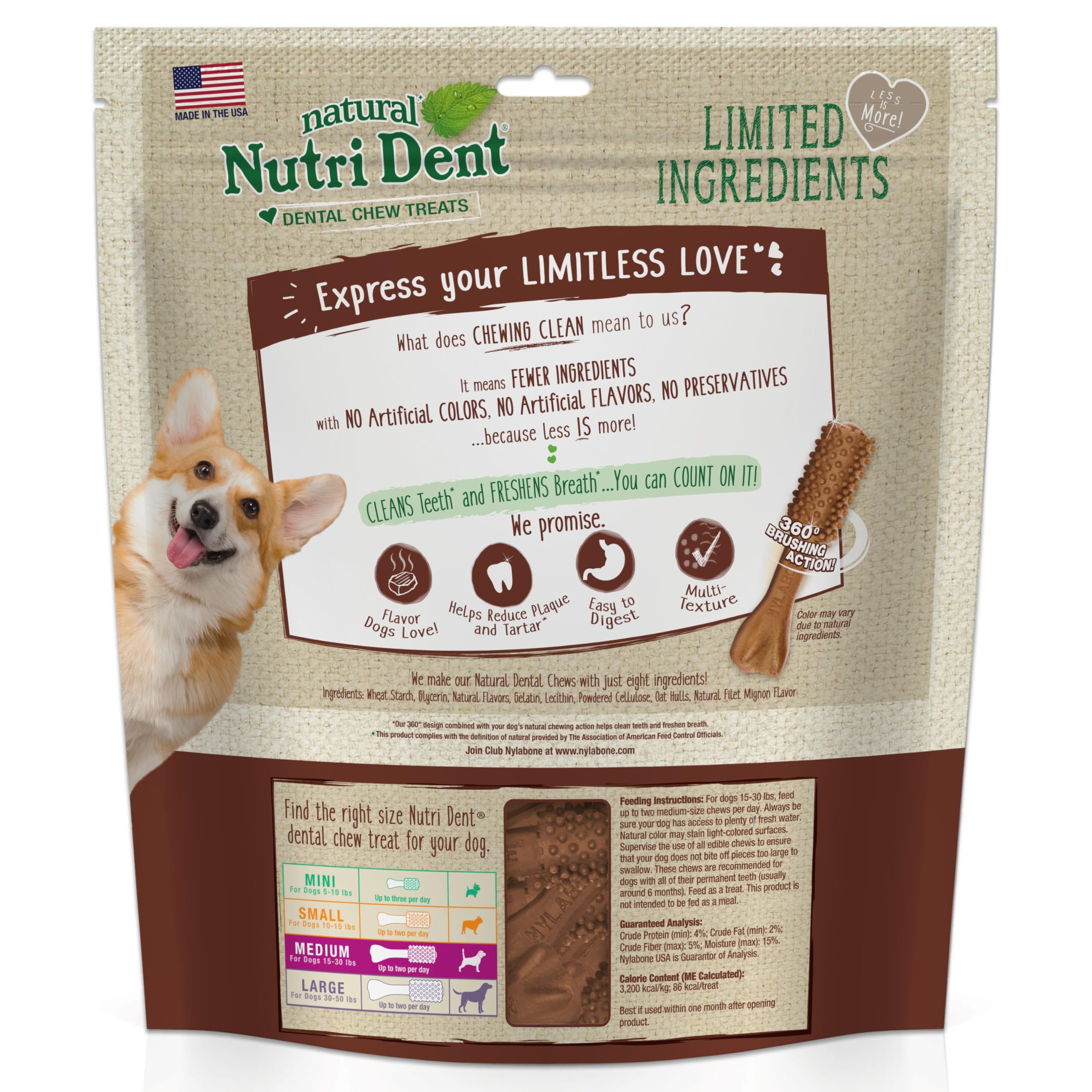 Nylabone Nutri Dent Dog Dental Chews, Natural Teeth Cleaning Dental Treats & Breath Freshener for Dogs, Filet Mignon Flavor, Med