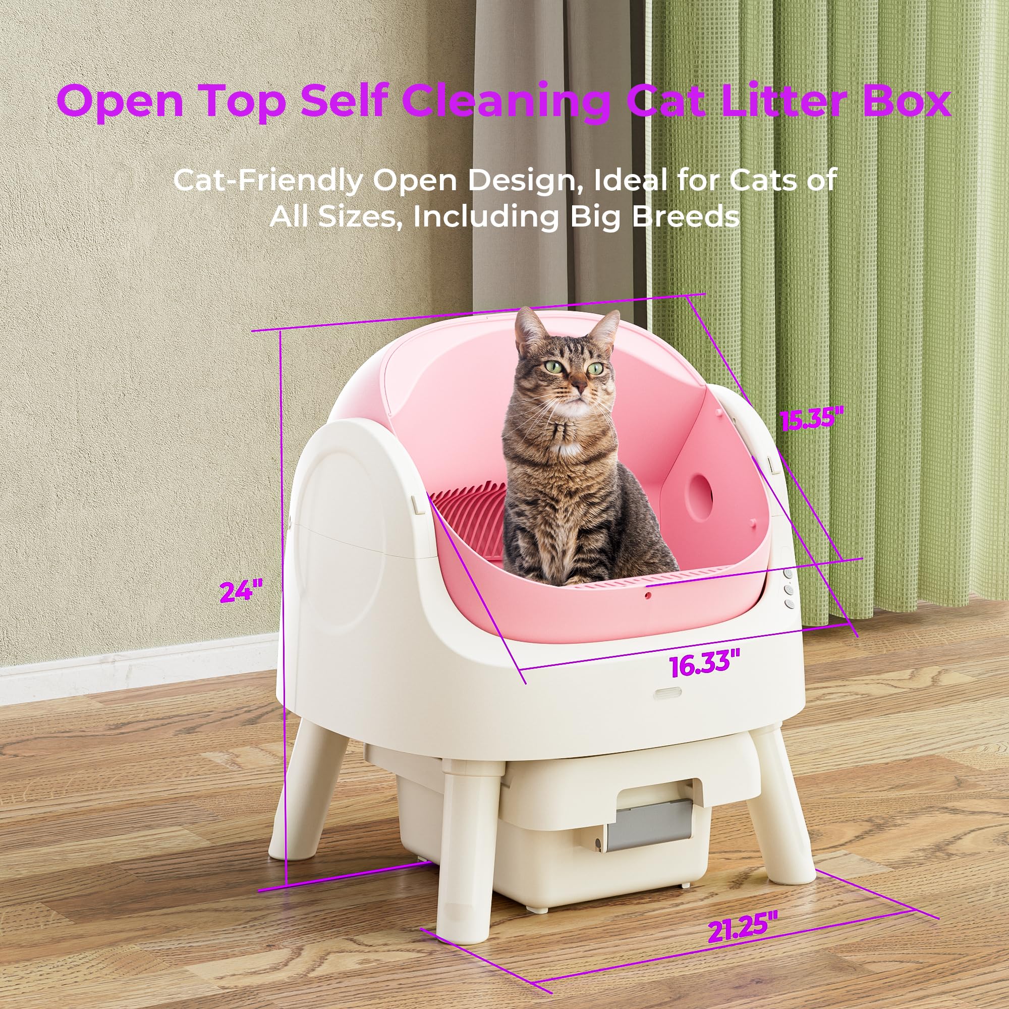 Self Cleaning Cat Litter Box, Open Top Automatic Litter Box For Multiple Cats, Liners And Mat Included, Pink
