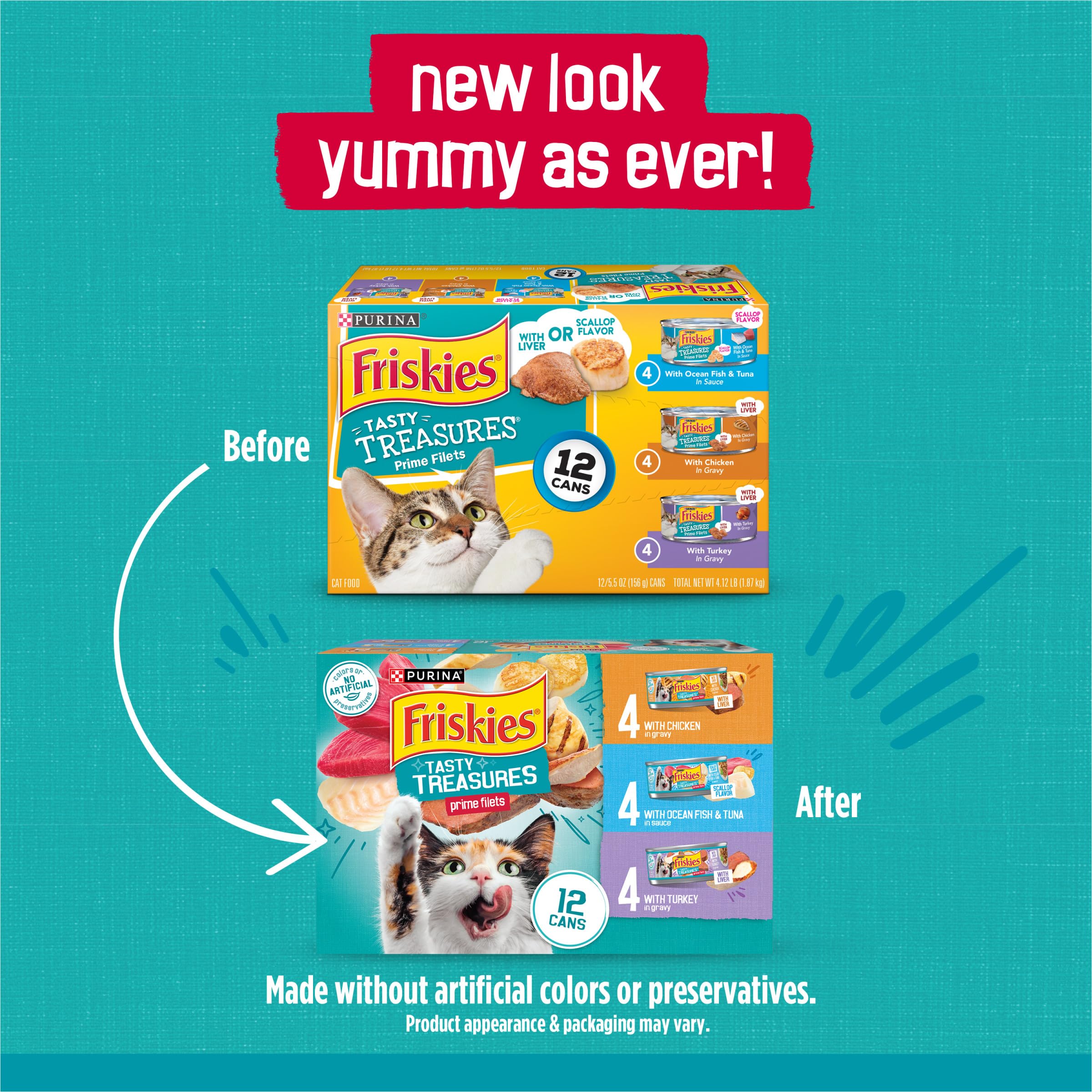 Purina Friskies Wet Cat Food Variety Pack, Tasty Treasures Prime Filets (With Ocean Fish and Tuna, With Chicken and With Turkey)