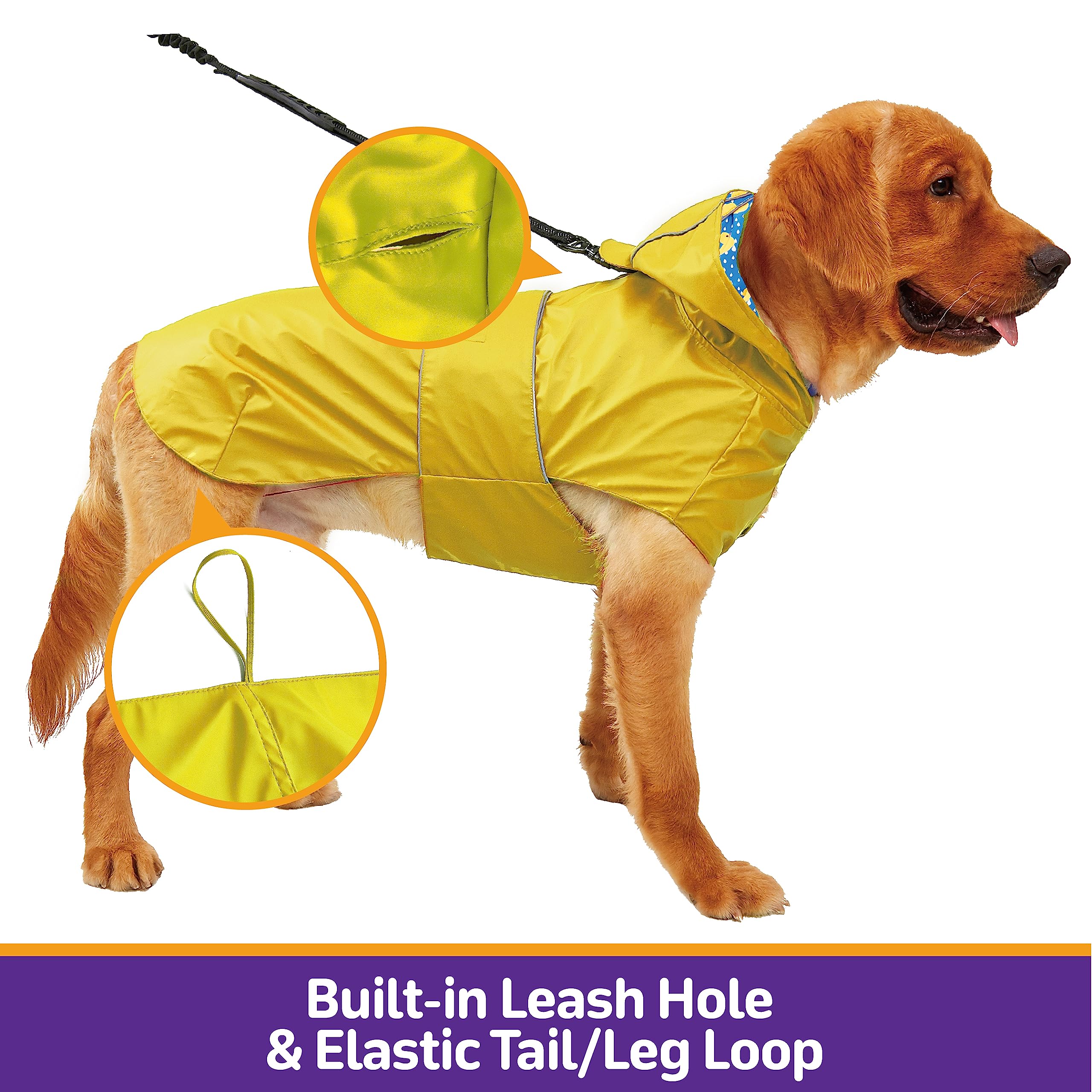 Kimee Dog Raincoat Reversible, Single Side Slicker Poncho Adjustable Waterproof Dog Rain Jacket With Leash Hole/Reflective Strip