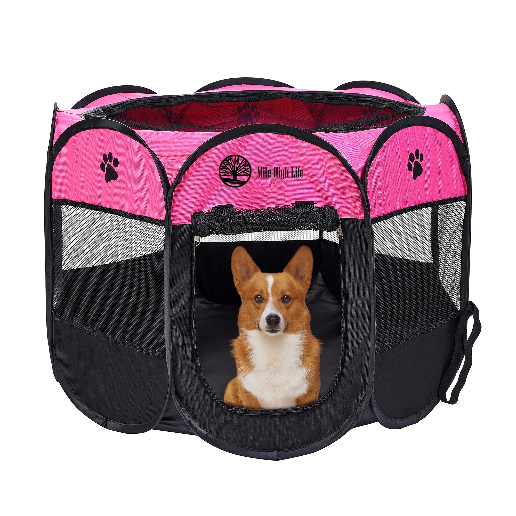 Mile High Life | Foldable Dog Playpen | Portable Dog Crate W Removable Shade Cover | Dog Kennel Indoor/Outdoor W Carry Case | Pen Tent For Dog/Cat/Rabbit(Hot Pink, Medium (36'X36'X23'))