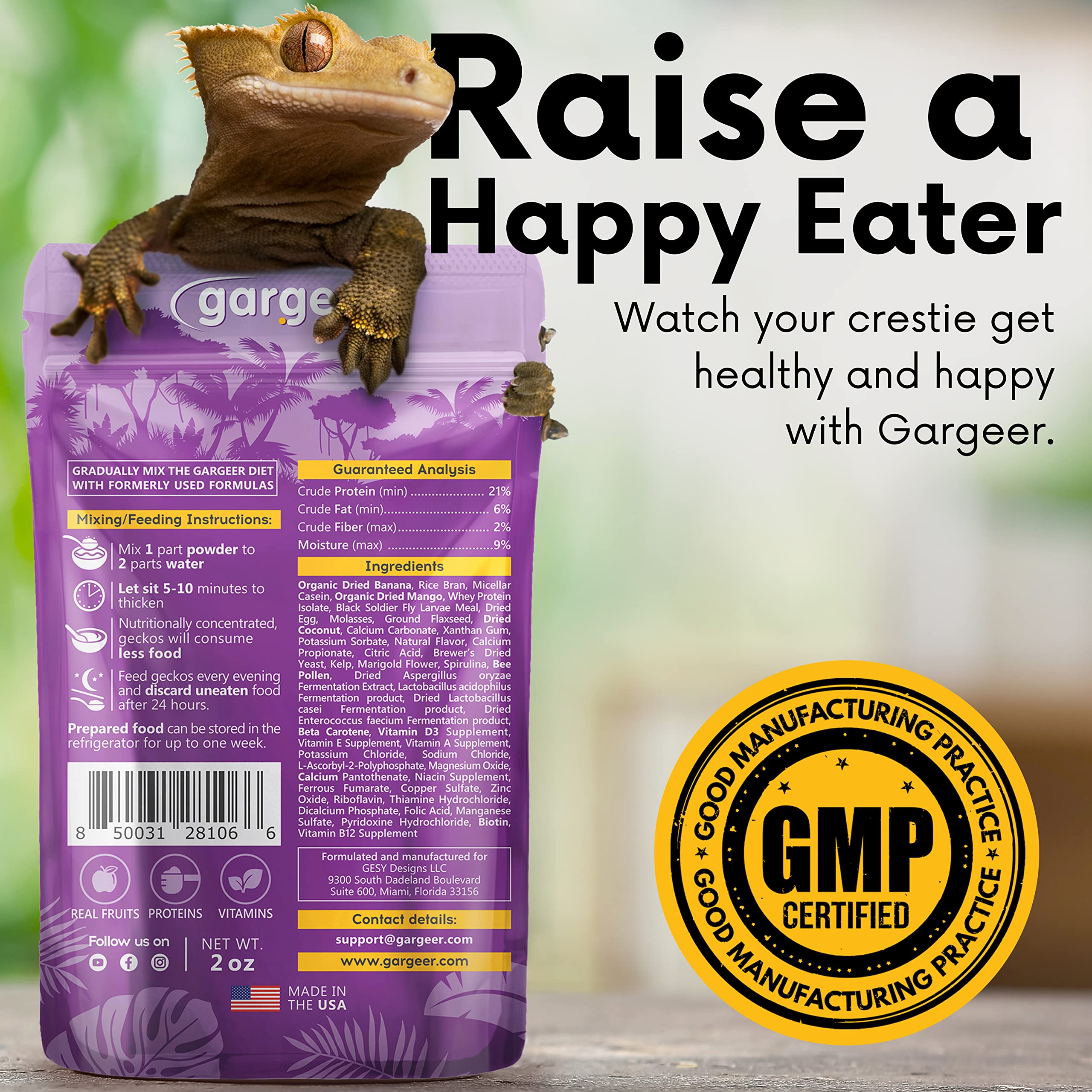Gargeer 2oz Complete Crested Gecko Food Diet. Premium Mix, Ready to Use Freshly Made Powder. Unique Formula, Developed & Made in