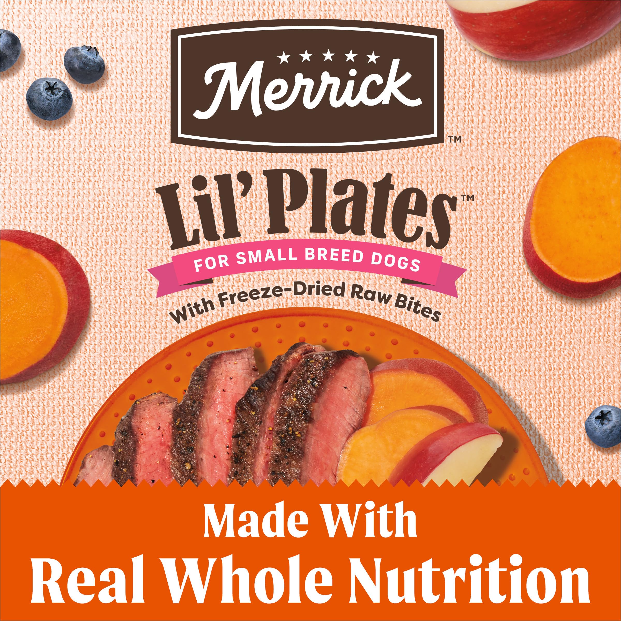 Merrick Lil Plates Grain Free Dry Dog Food For Small Dogs, Texas Beef And Sweet Potato Kibble With Raw Bites - 4.0 lb. Bag
