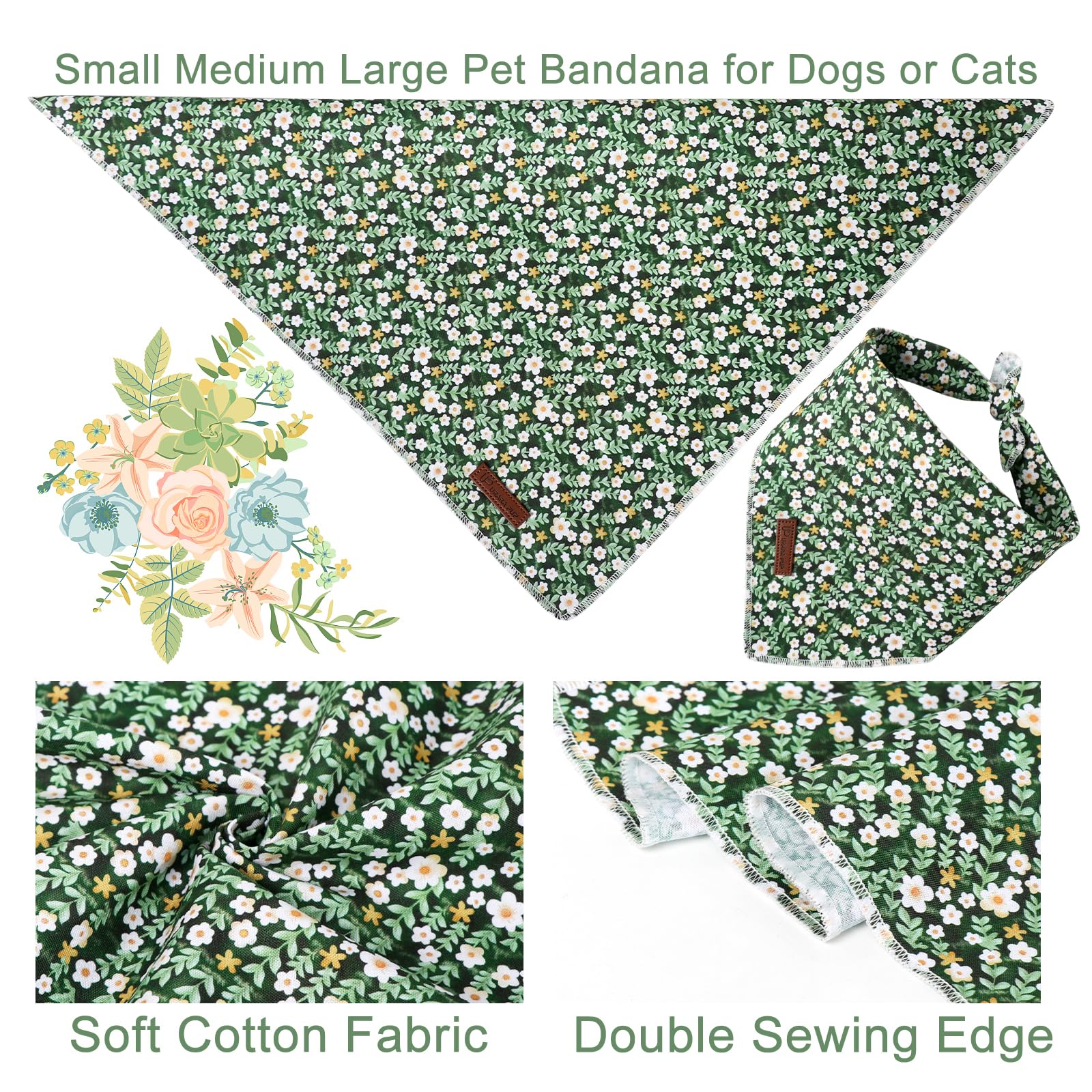 Up Urara Pup Summer Dog Bandana,Cute Pet Bandana With Flower Pattern,Adjustable Green Puppy Dog Bibs,Washable Triangle Dog Scarf