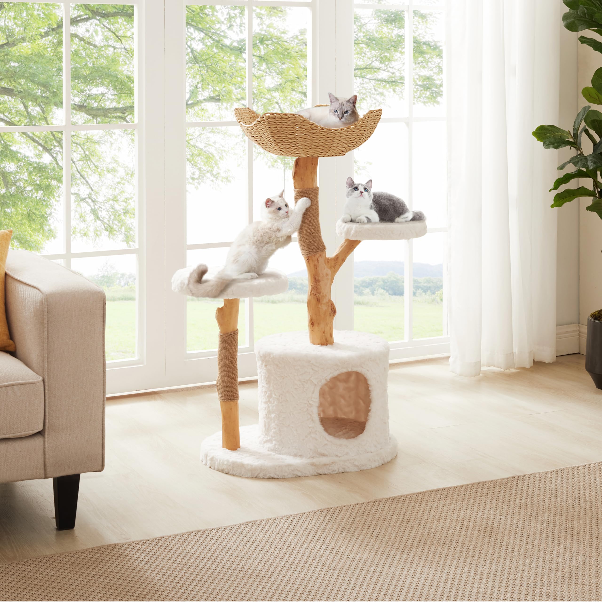 Unipaws Modern Cat Tree Tower For Small And Large Cats, Real Solid Wood Branch Luxury Cat Condo With Scratching Post And Cat Bed