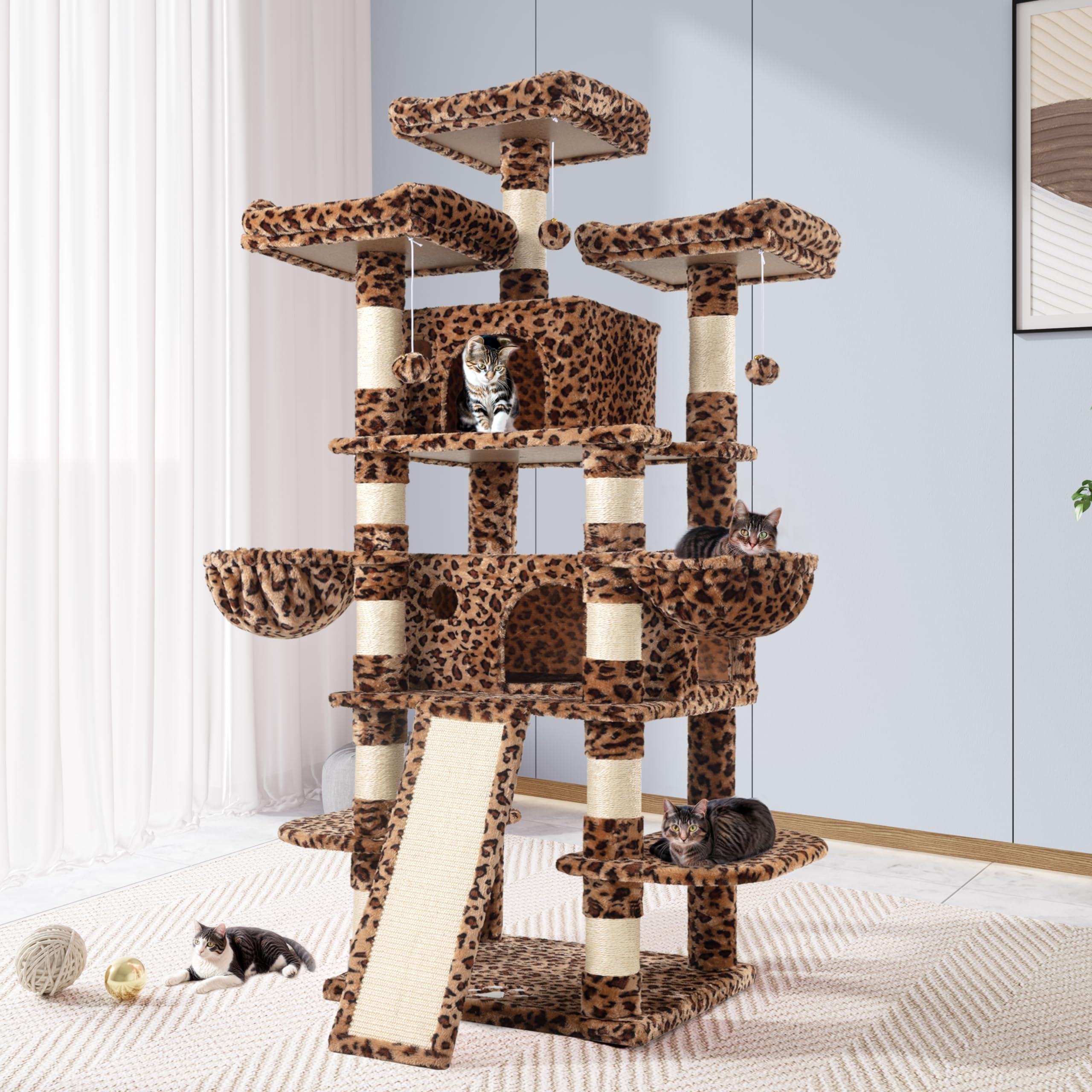 Allewie 68 Inches Cat Tree/House And Towers For Big Feline/Scratching Post/Multi-Level Large Kitty Climbing Tree With Condo/Leop